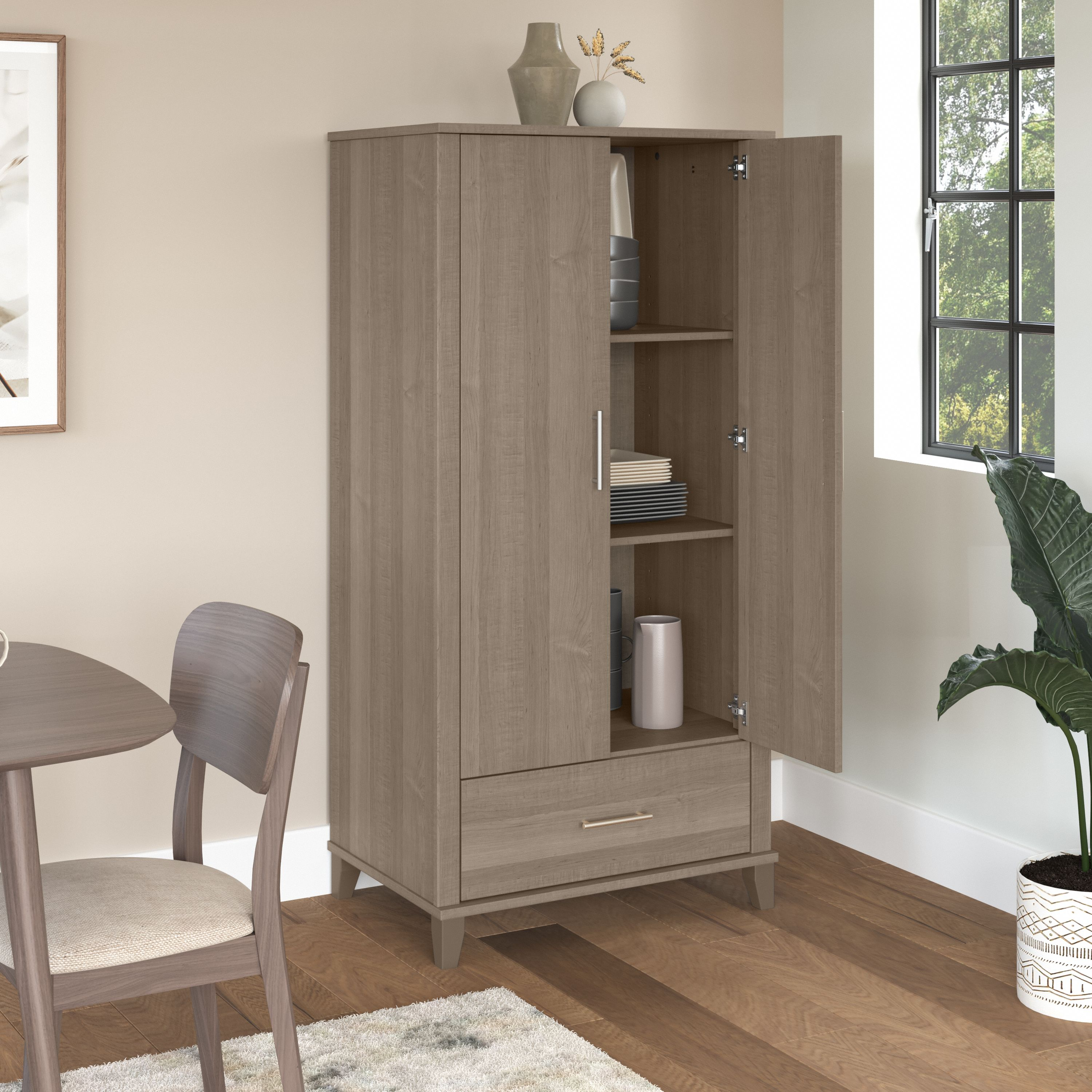Shop Bush Furniture Somerset Tall Kitchen Pantry Cabinet with Doors and Drawer 06 STS166AGK-Z #color_ash gray