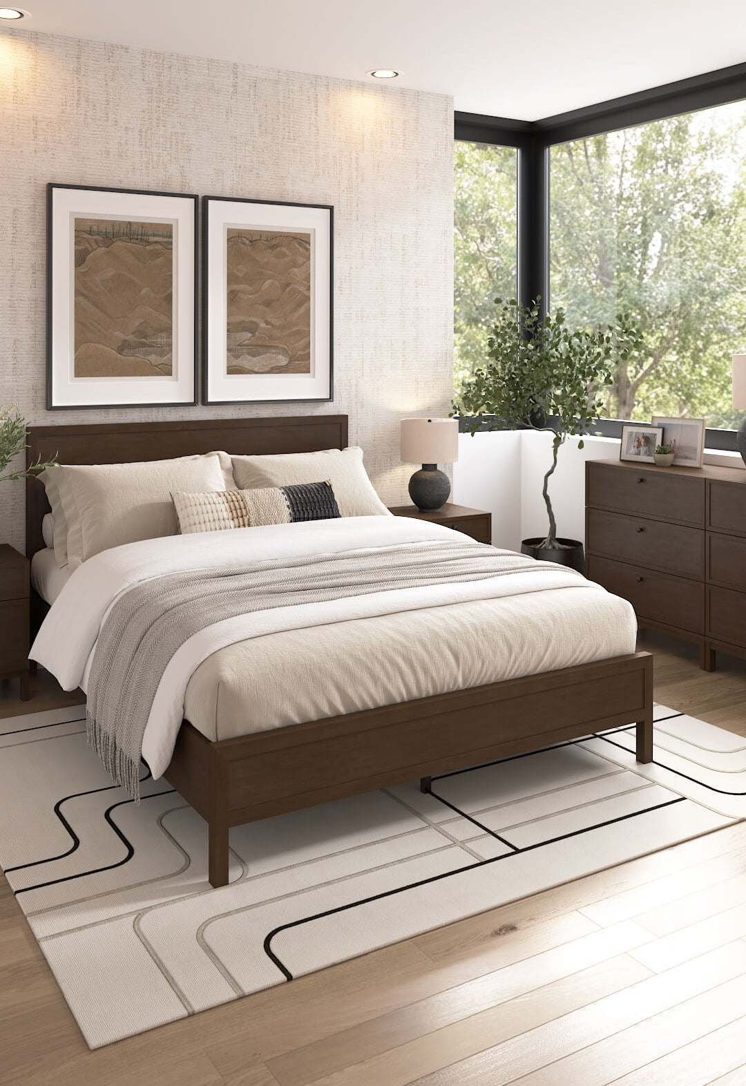 Modern bedroom with wooden bed, white bedding, and large windows.