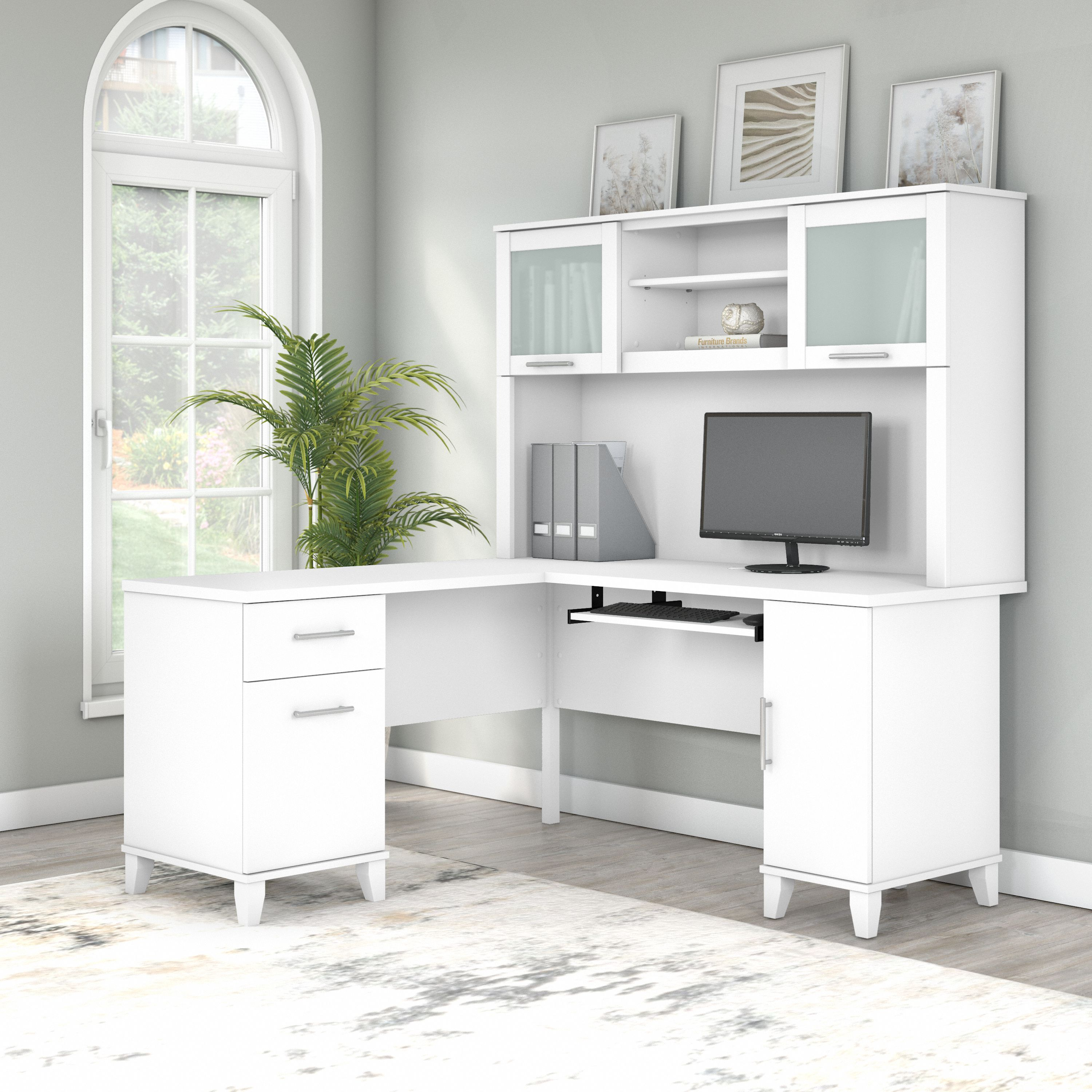 Shop Bush Furniture Somerset 60W L Shaped Desk with Hutch 01 SET002WH #color_white