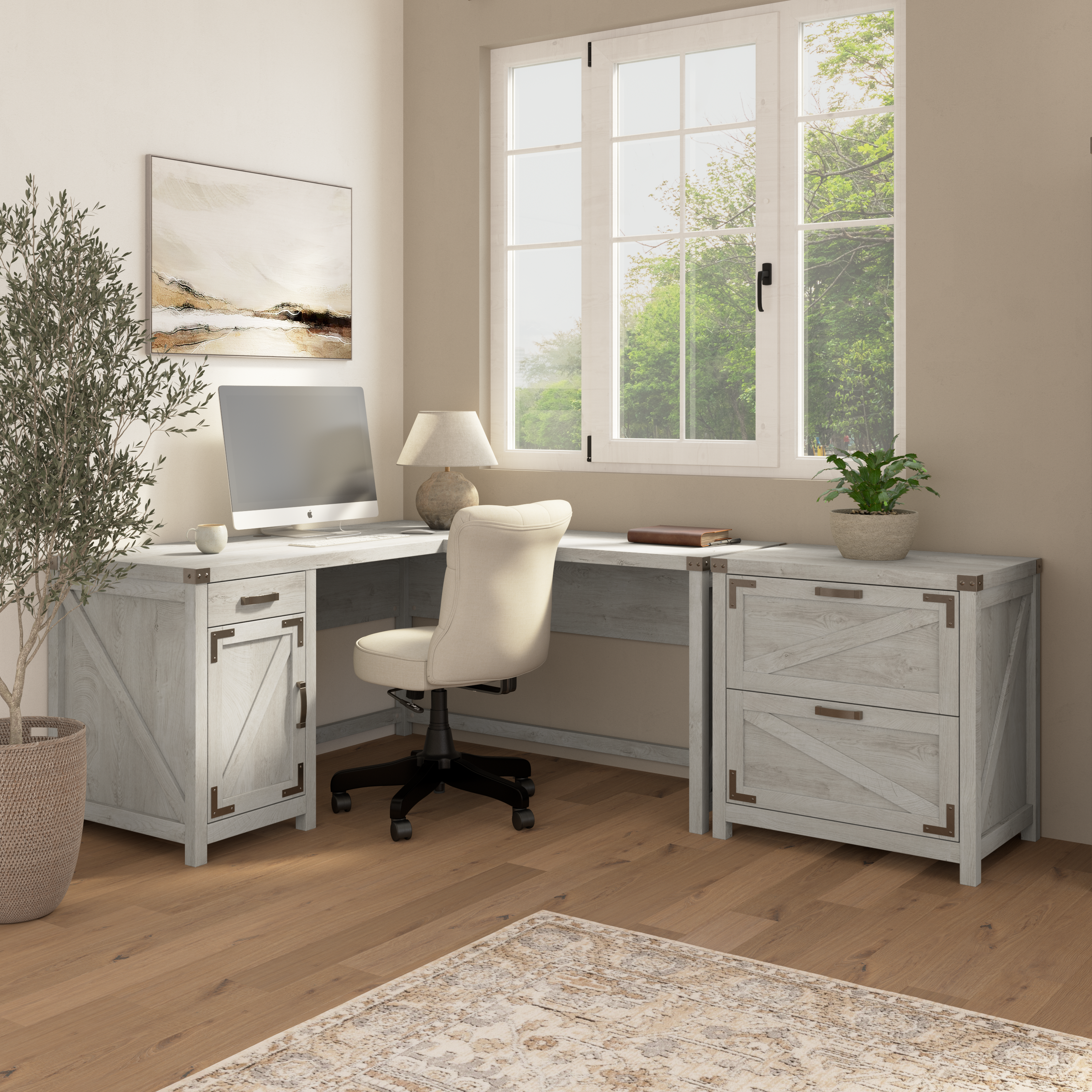 Shop Bush Furniture Knoxville 60W L Shaped Desk with 2 Drawer Lateral File Cabinet 01 CGR004CWH #color_cottage white