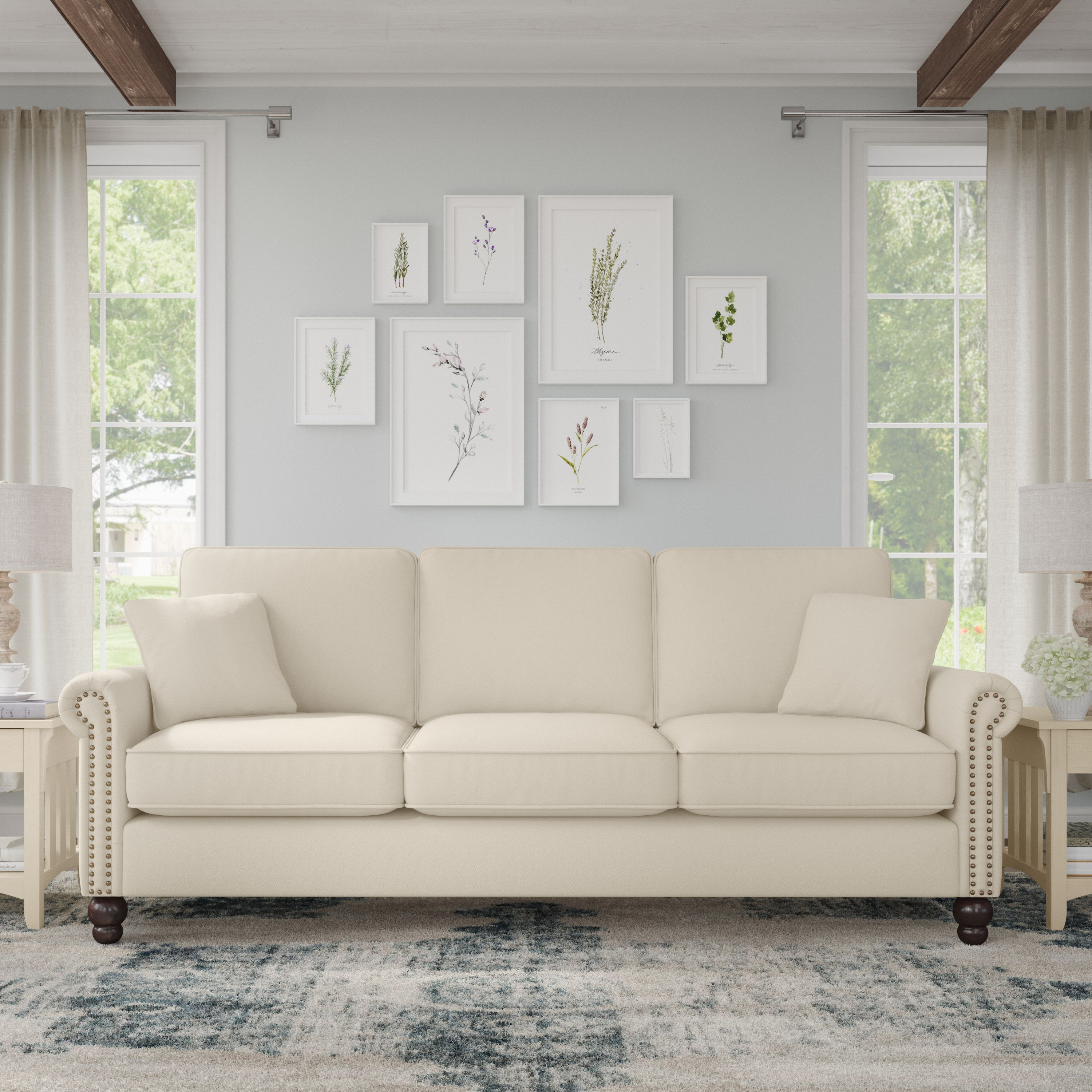 Shop Bush Furniture Coventry 85W Sofa 01 CVJ85BCRH-03K #color_cream herringbone fabric