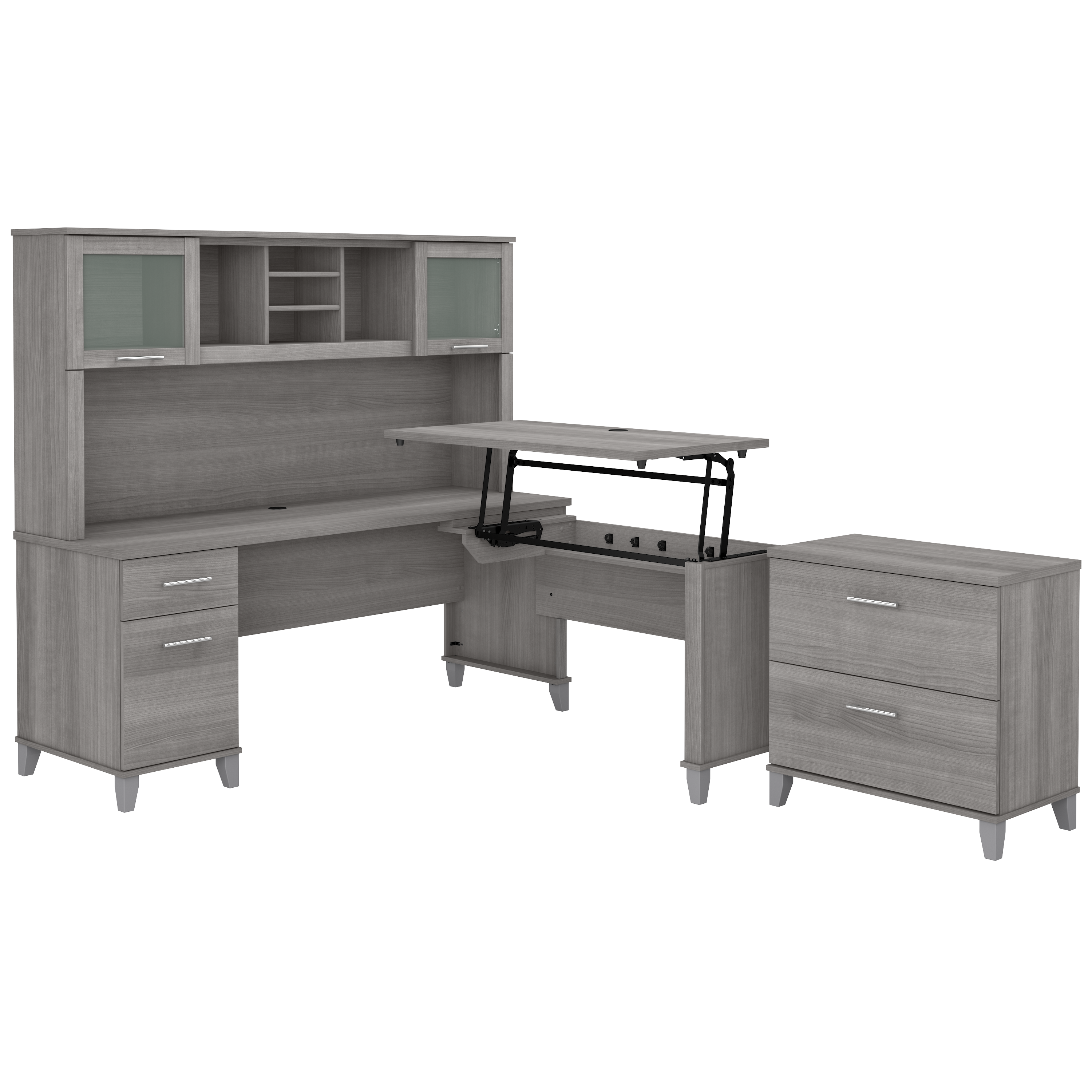Shop Bush Furniture Somerset 72W 3 Position Sit to Stand L Shaped Desk with Hutch and File Cabinet 02 SET016PG #color_platinum gray