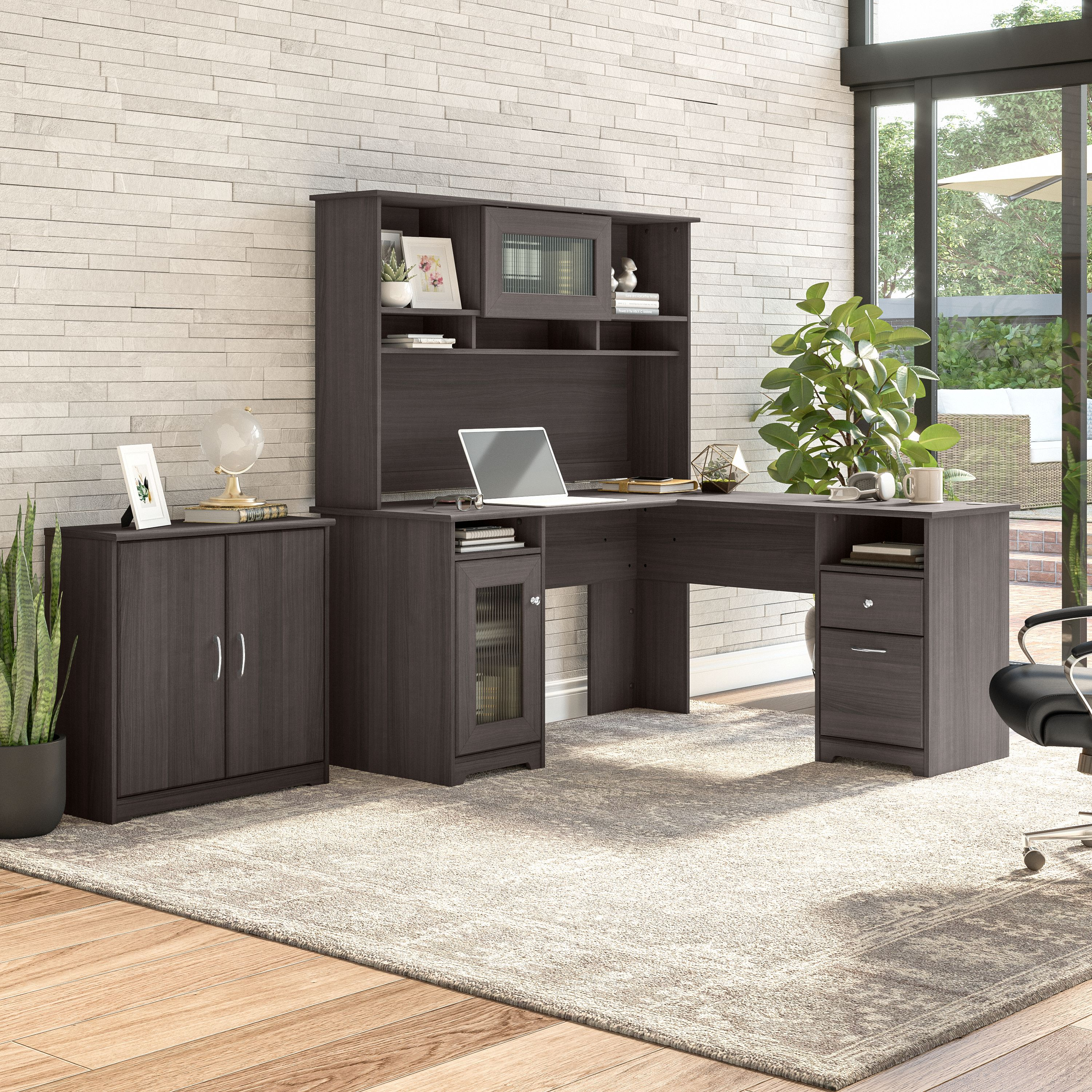 Shop Bush Furniture Cabot 60W L Shaped Computer Desk with Hutch and Small Storage Cabinet 01 CAB016HRG #color_heather gray