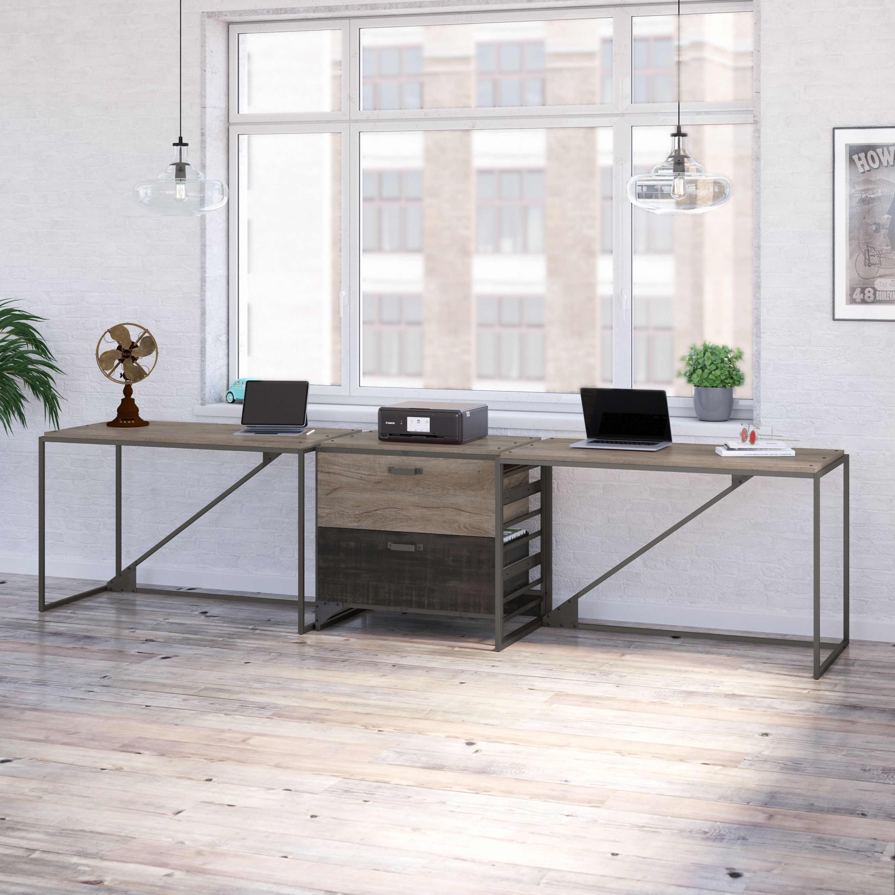 Shop Bush Furniture Refinery 2 Person Industrial Desk Set with Lateral File Cabinet 01 RFY019RG #color_rustic gray/charred wood