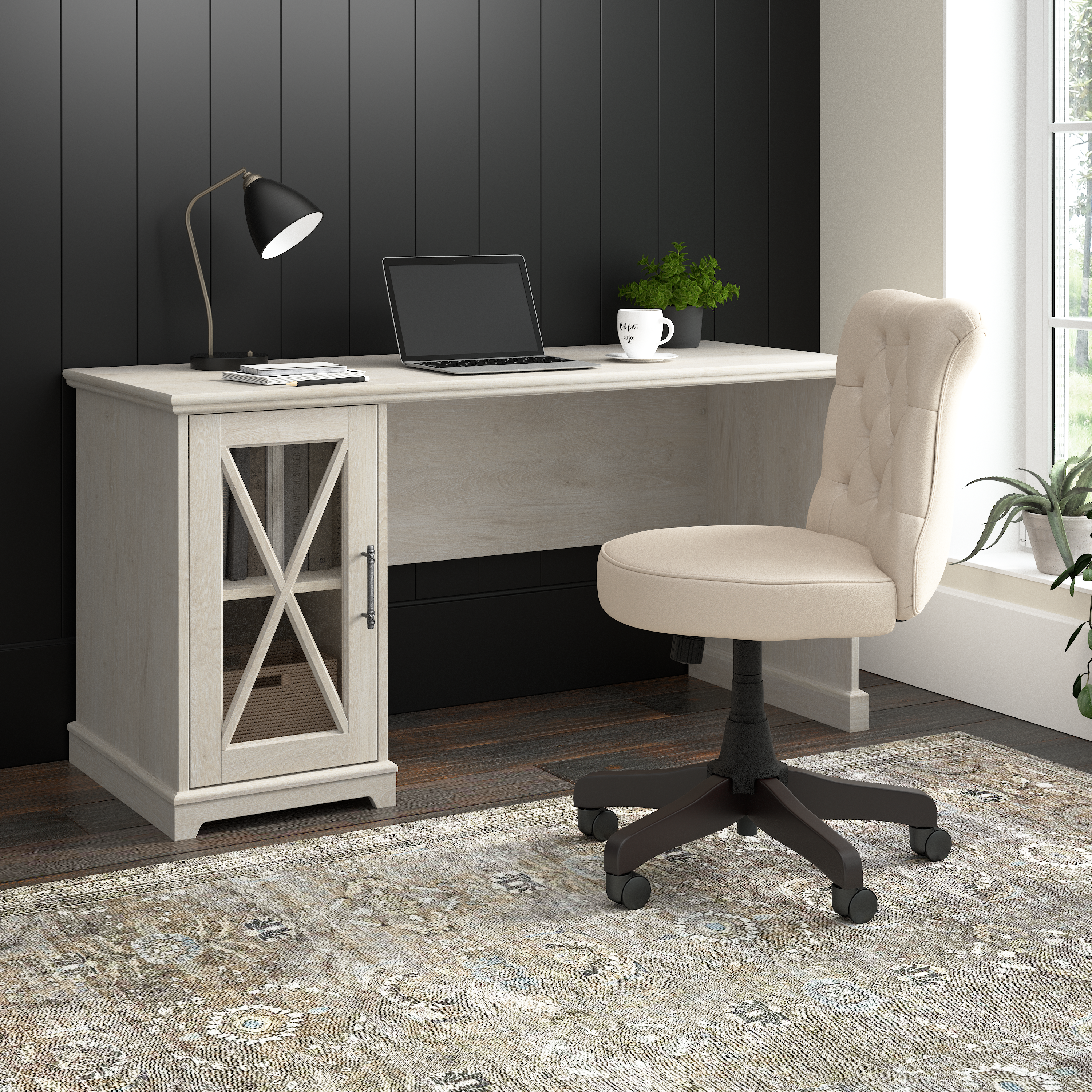 Shop Bush Furniture Lennox 60W Farmhouse Desk with Storage Cabinet 01 LED260LW-03 #color_linen white oak