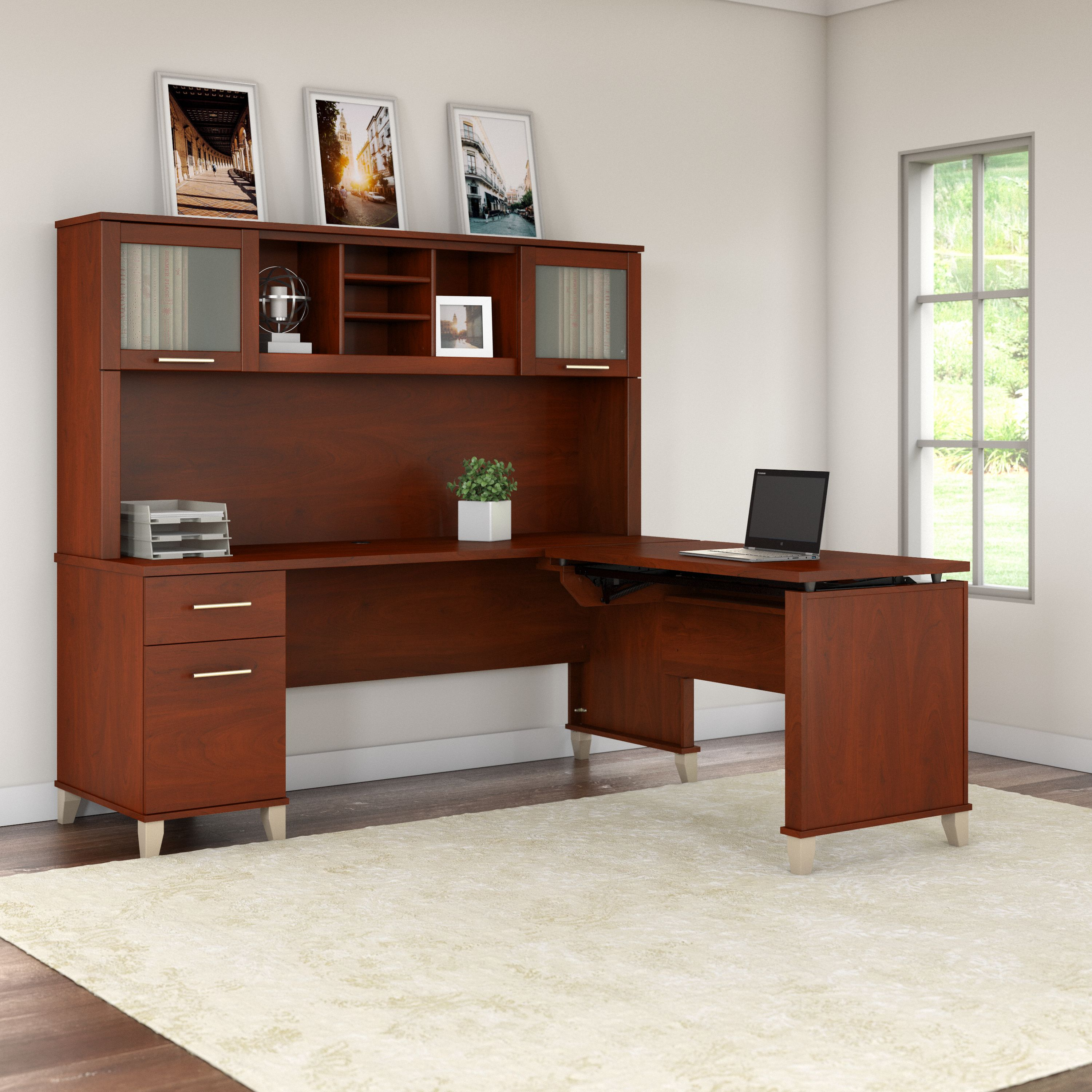 Shop Bush Furniture Somerset 72W 3 Position Sit to Stand L Shaped Desk with Hutch 06 SET015HC #color_hansen cherry
