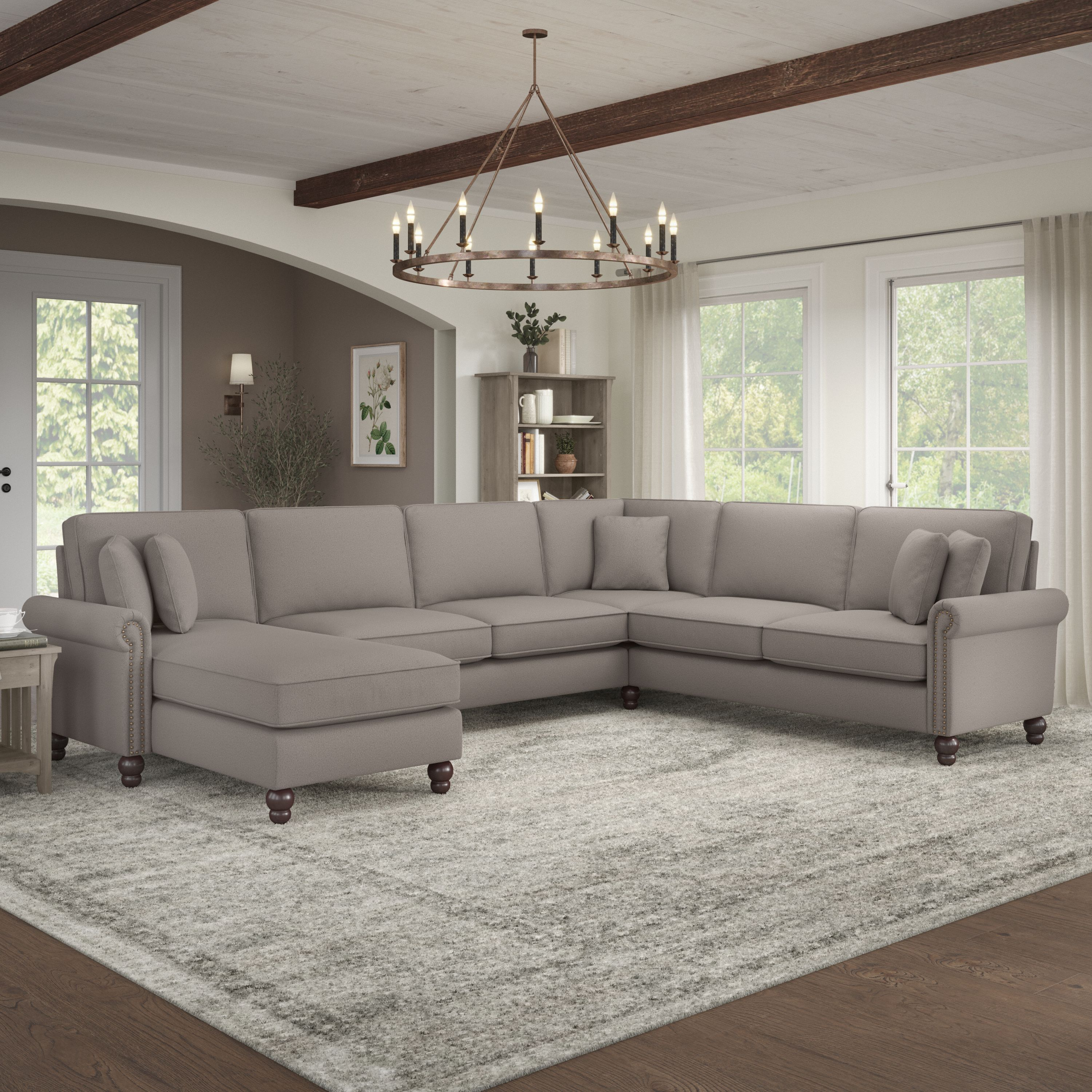 Shop Bush Furniture Coventry 128W U Shaped Sectional Couch with Reversible Chaise Lounge 01 CVY127BBGH-03K #color_beige herringbone fabric