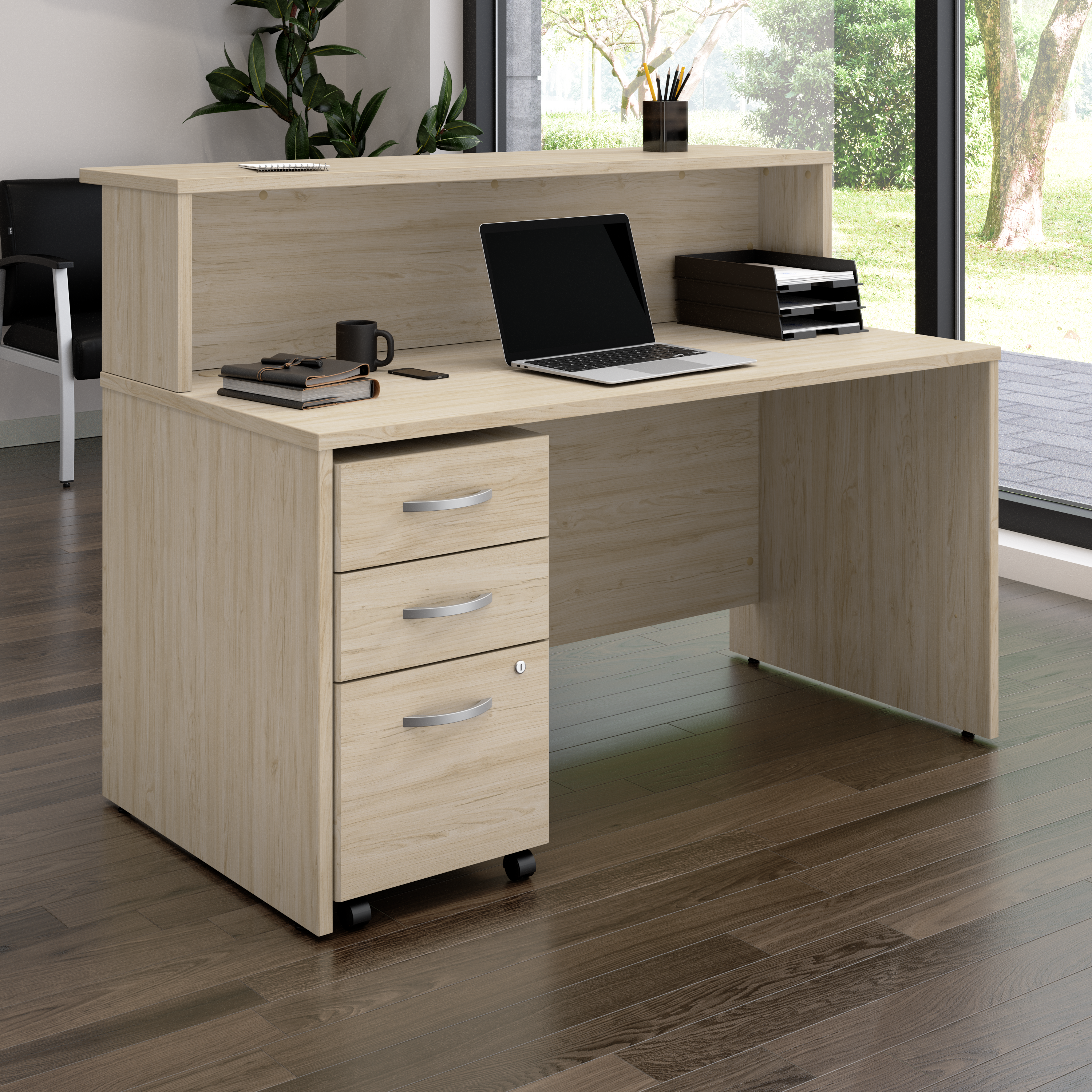 Shop Bush Business Furniture Arrive 60W x 30D Reception Desk with Shelf and Mobile File Cabinet 01 ARV002NE #color_natural elm