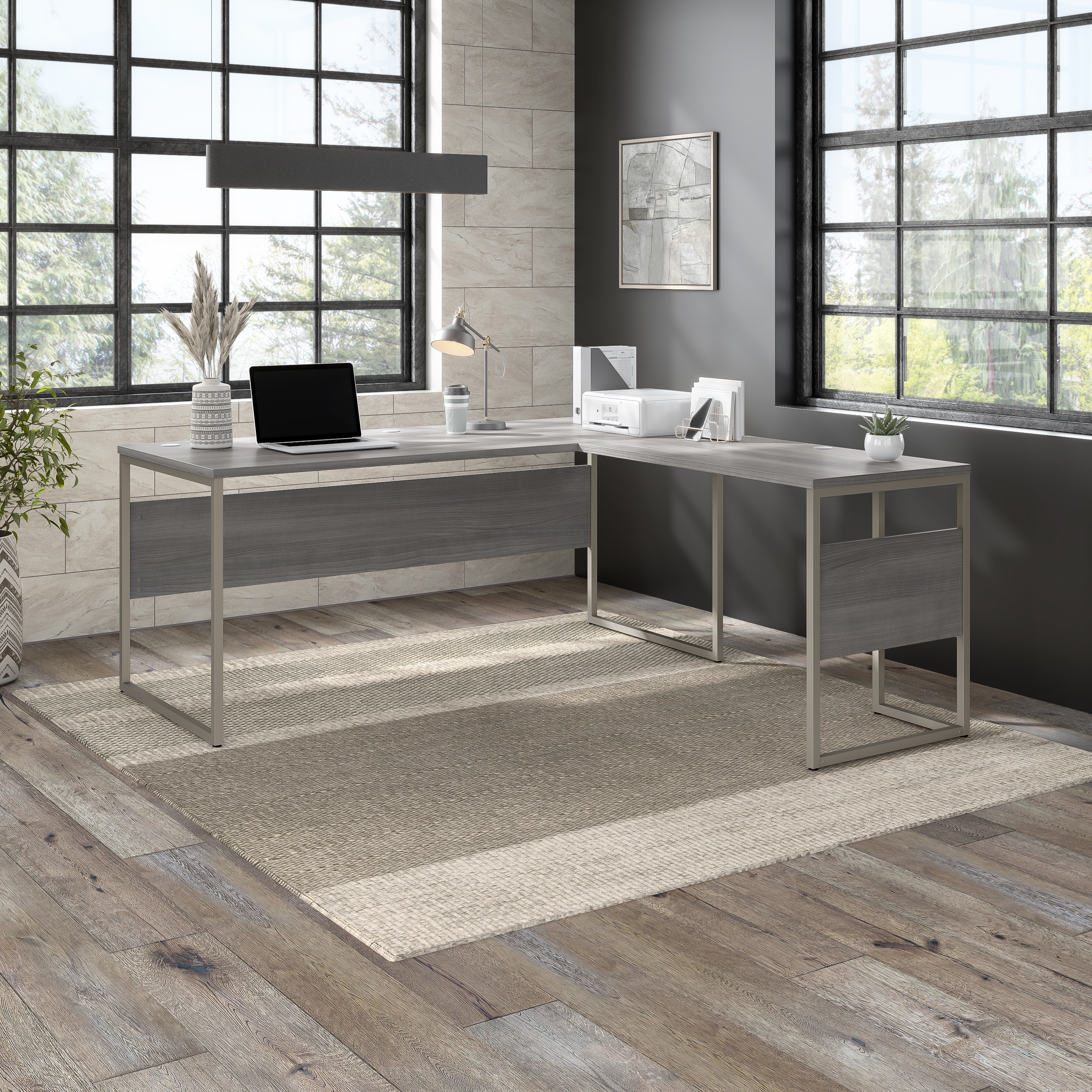 Shop Bush Business Furniture Hybrid 72W x 30D L Shaped Table Desk with Metal Legs 01 HYB026PG #color_platinum gray