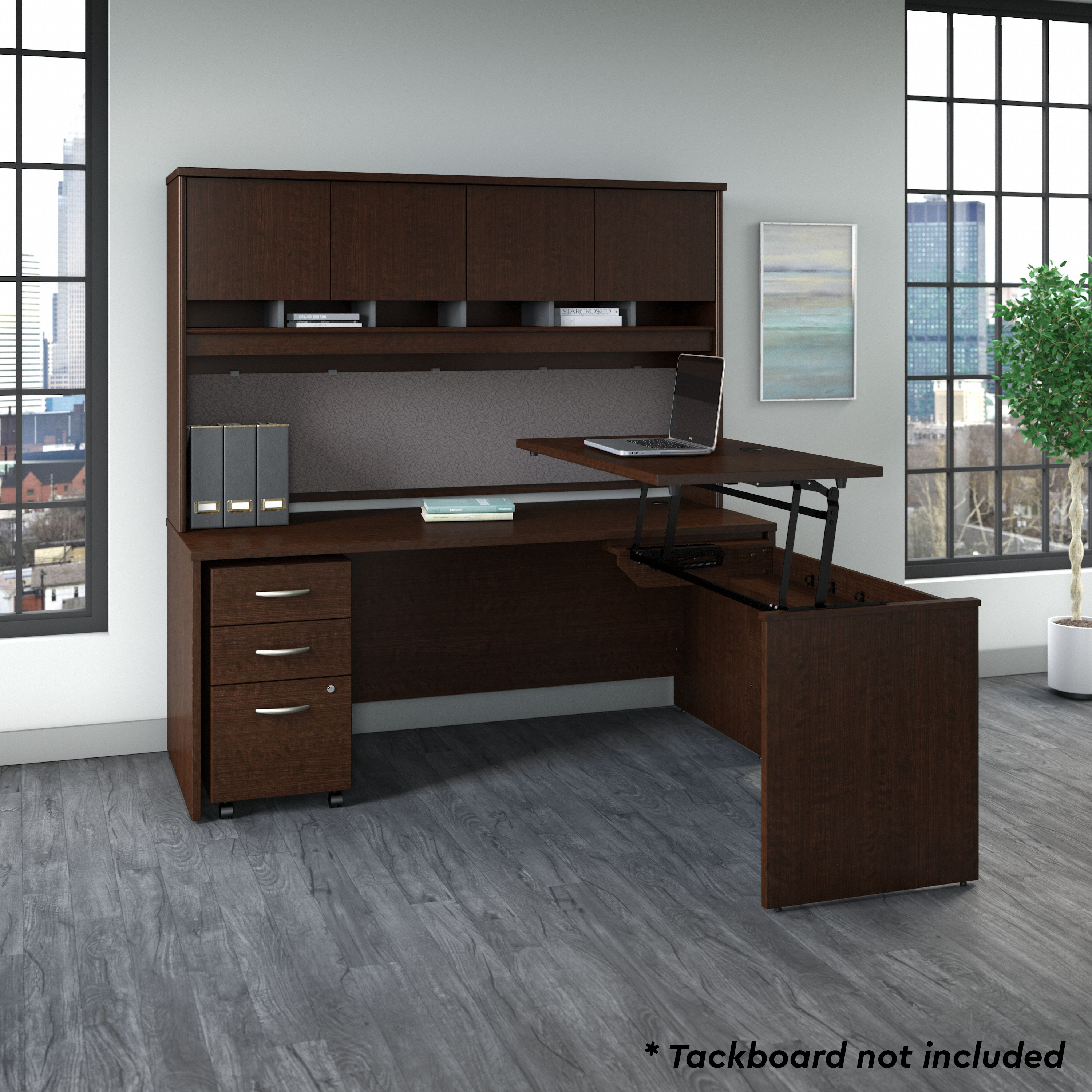 Shop Bush Business Furniture Series C 72W x 30D 3 Position Sit to Stand L Shaped Desk with Hutch and Mobile File Cabinet 01 SRC124MRSU #color_mocha cherry