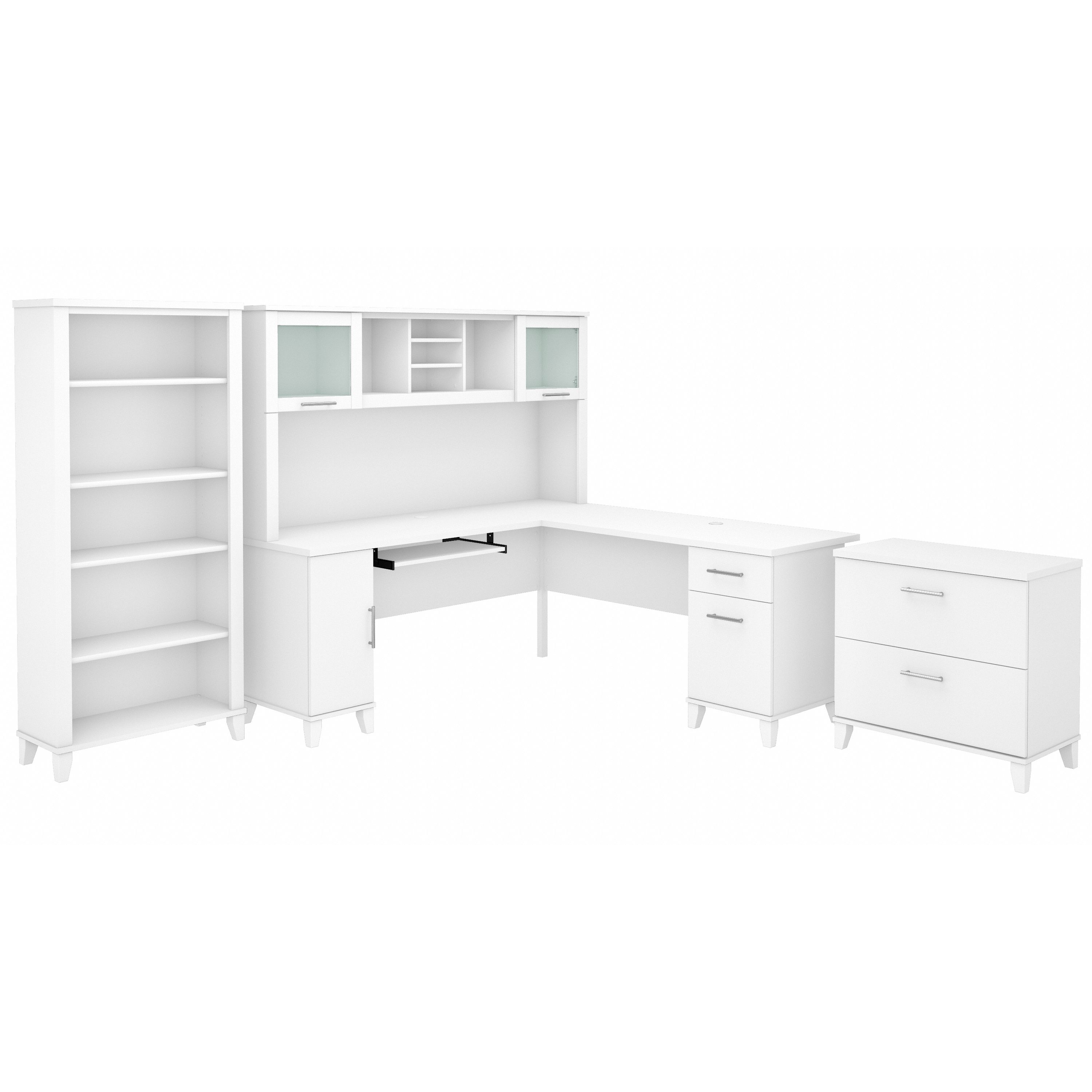 Shop Bush Furniture Somerset 72W L Shaped Desk with Hutch, Lateral File Cabinet and Bookcase 02 SET012WH #color_white