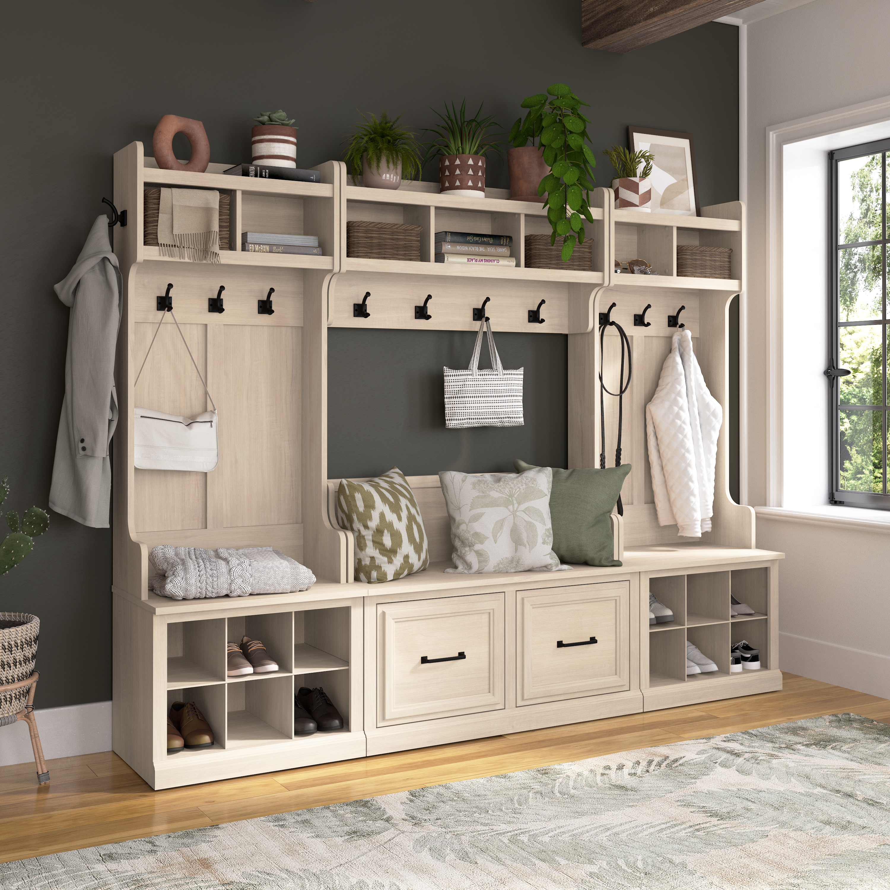 Shop Bush Furniture Woodland Full Entryway Storage Set with Coat Rack and Shoe Bench with Doors 01 WDL013WM #color_white washed maple