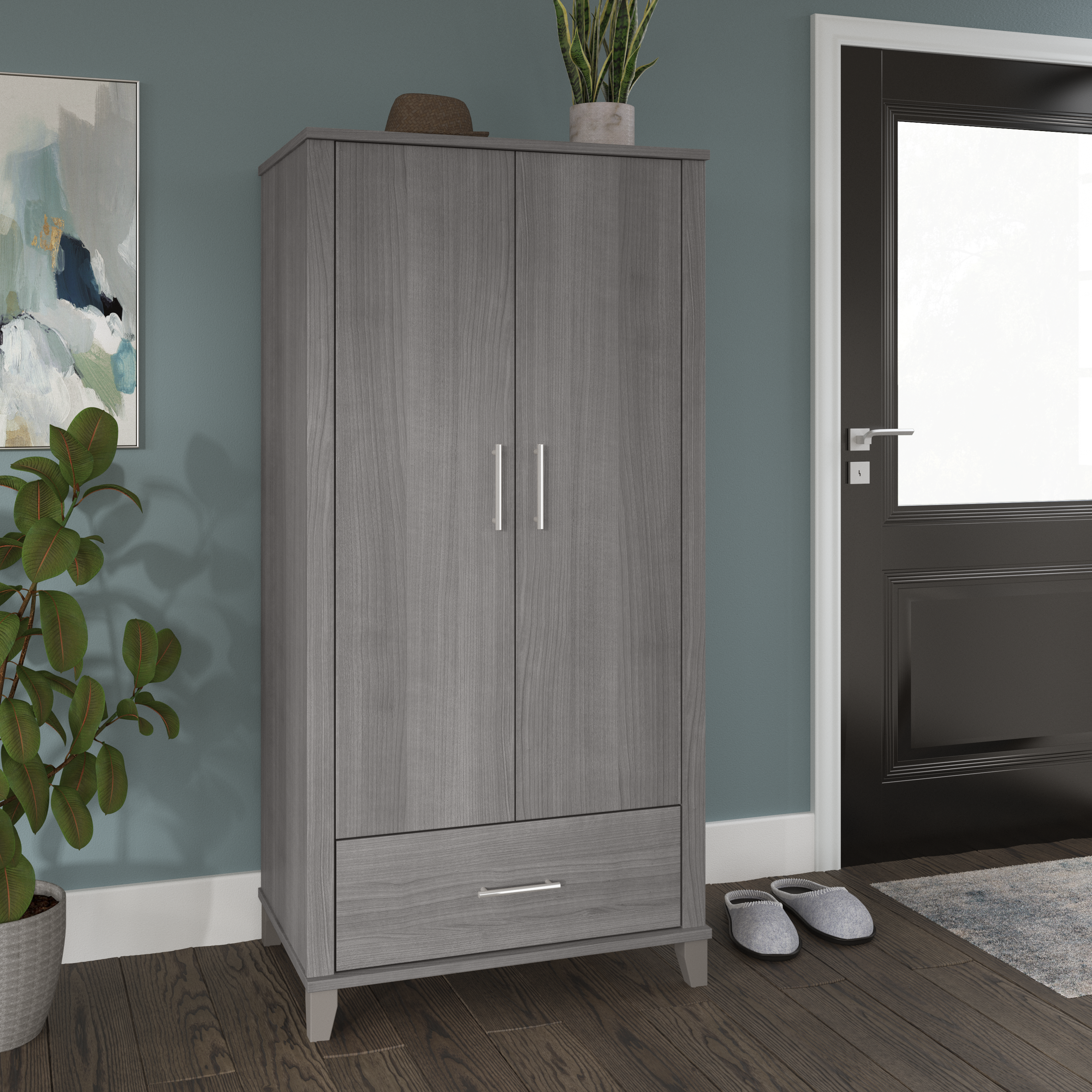 Shop Bush Furniture Somerset Tall Entryway Cabinet with Doors and Drawer 01 STS166PGK-Z1 #color_platinum gray