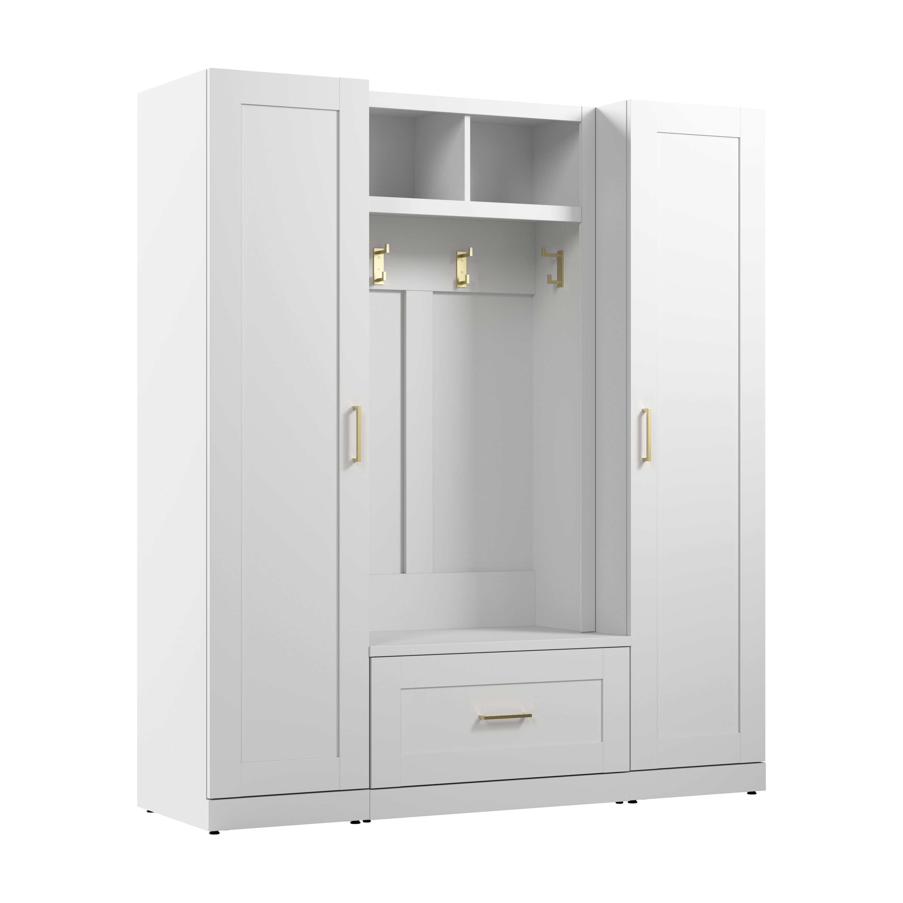 Shop Bush Furniture Hampton Heights Full Entryway Storage Set with Hall Tree, Shoe Bench with Drawer and Cabinet 02 HHS013WH #color_white