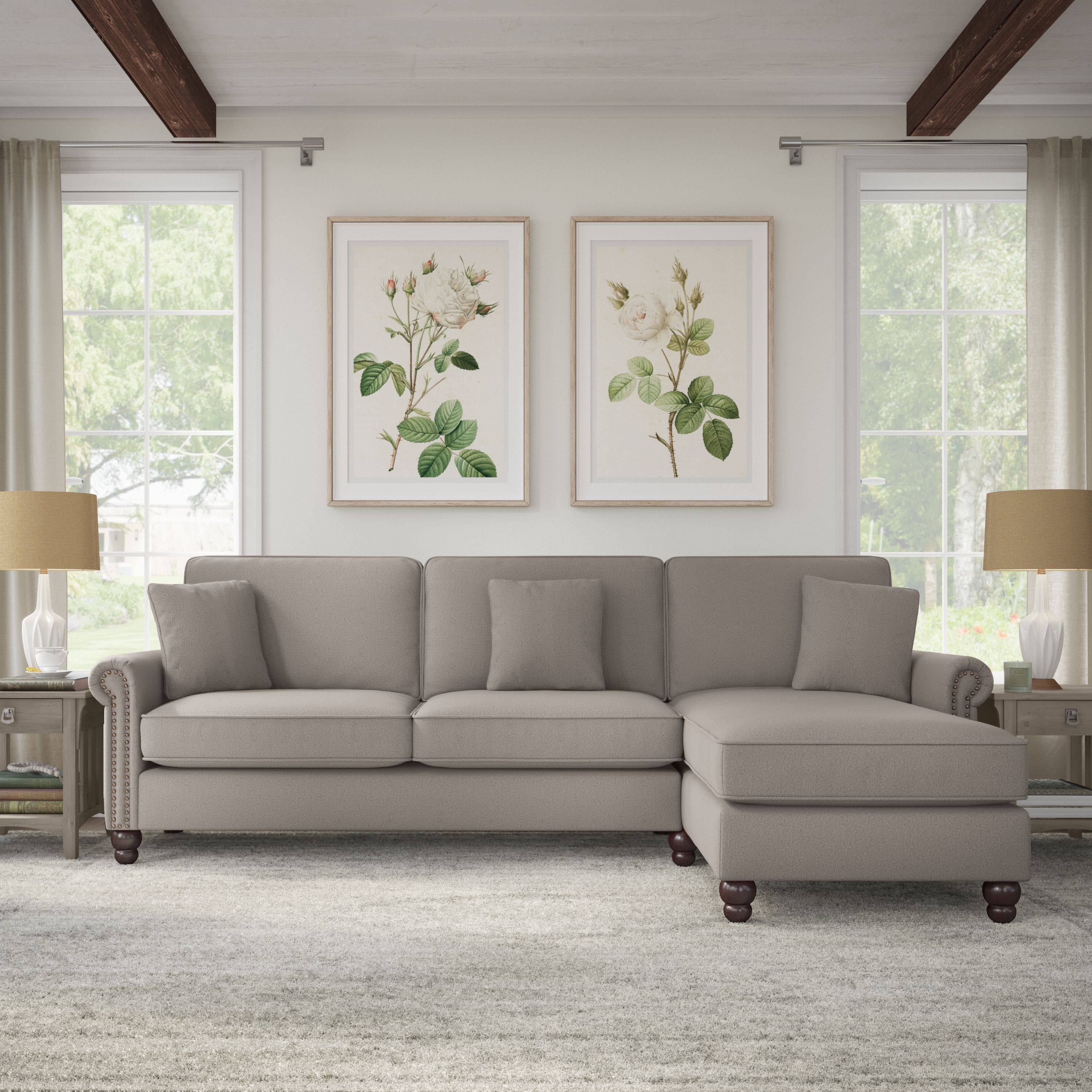 Shop Bush Furniture Coventry 102W Sectional Couch with Reversible Chaise Lounge 01 CVY102BBGH-03K #color_beige herringbone fabric