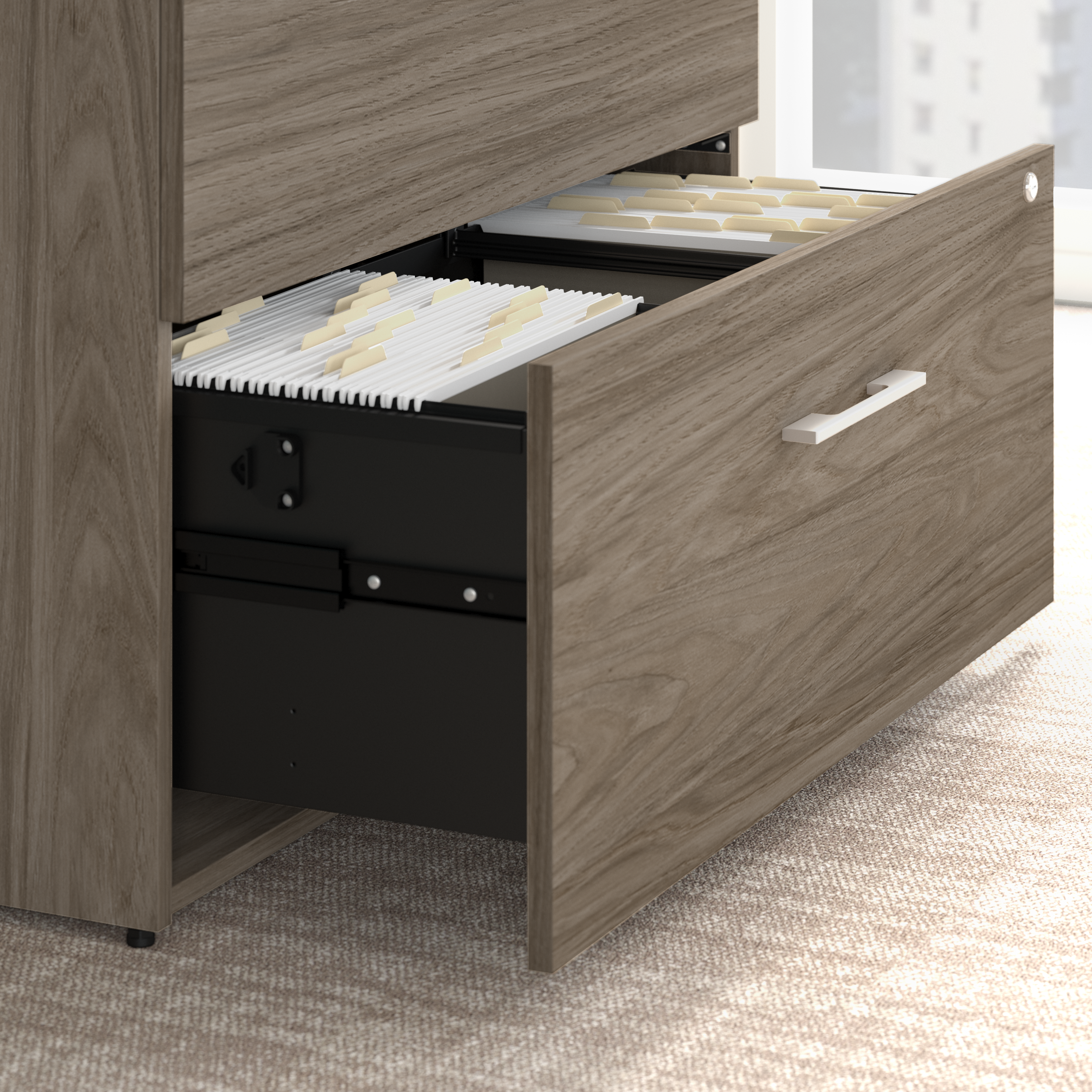 Shop Bush Business Furniture Office 500 72W x 36D Executive Desk with Drawers, Lateral File Cabinets and Hutch 04 OF5001MHSU #color_modern hickory
