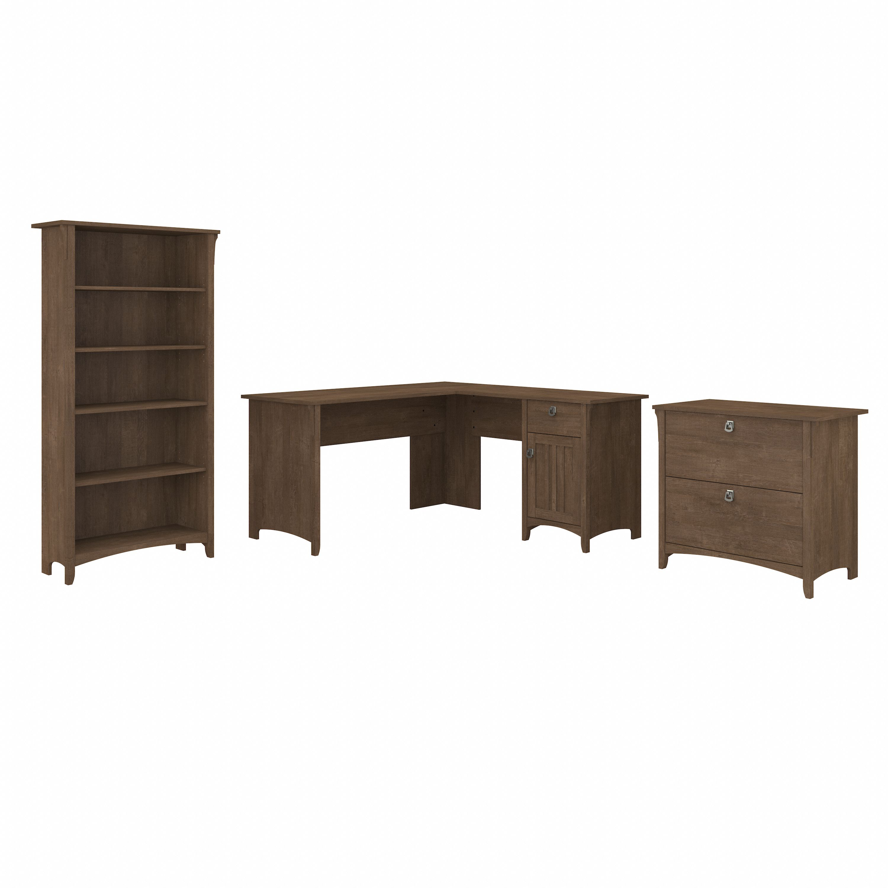 Shop Bush Furniture Salinas 60W L Shaped Desk with Lateral File Cabinet and 5 Shelf Bookcase 02 SAL003ABR #color_ash brown