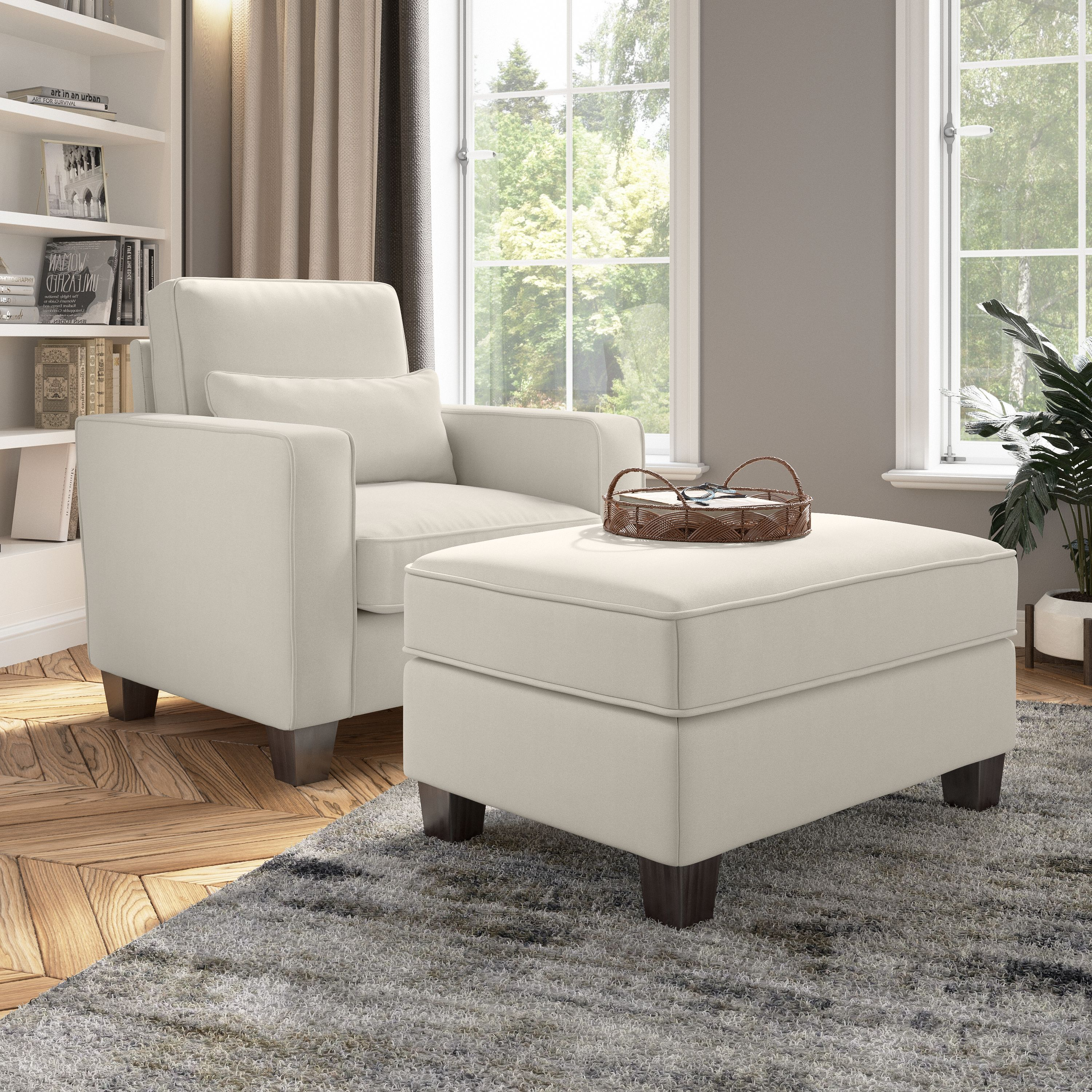 Shop Bush Furniture Stockton Accent Chair with Ottoman Set 01 SKT010CRH #color_cream herringbone fabric