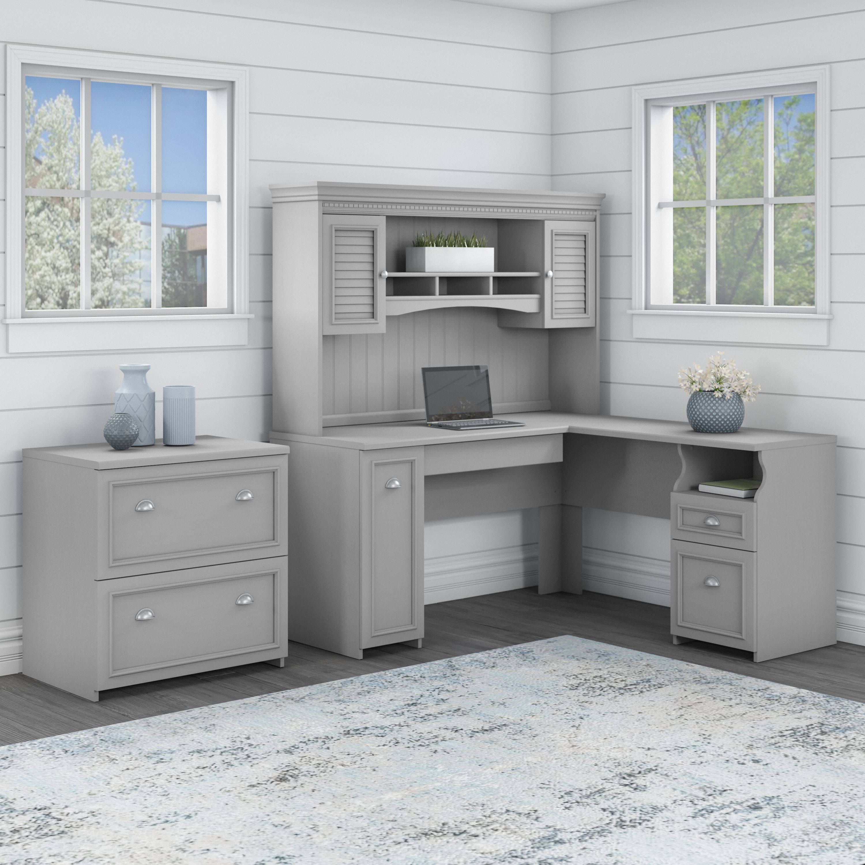 Shop Bush Furniture Fairview 60W L Shaped Desk with Hutch and Lateral File Cabinet 01 FV003CG #color_cape cod gray
