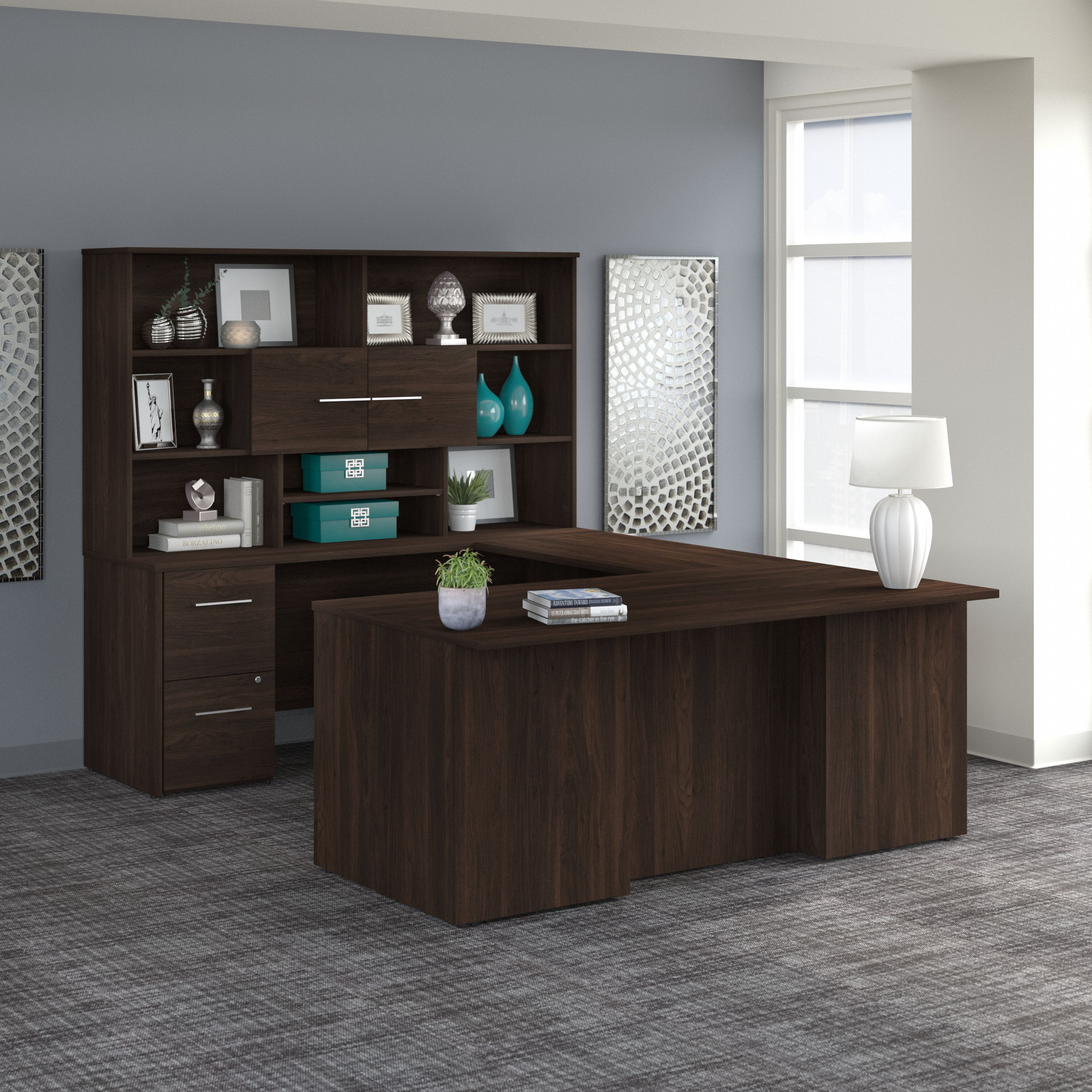 Shop Bush Business Furniture Office 500 72W U Shaped Executive Desk with Drawers and Hutch 01 OF5003BWSU #color_black walnut