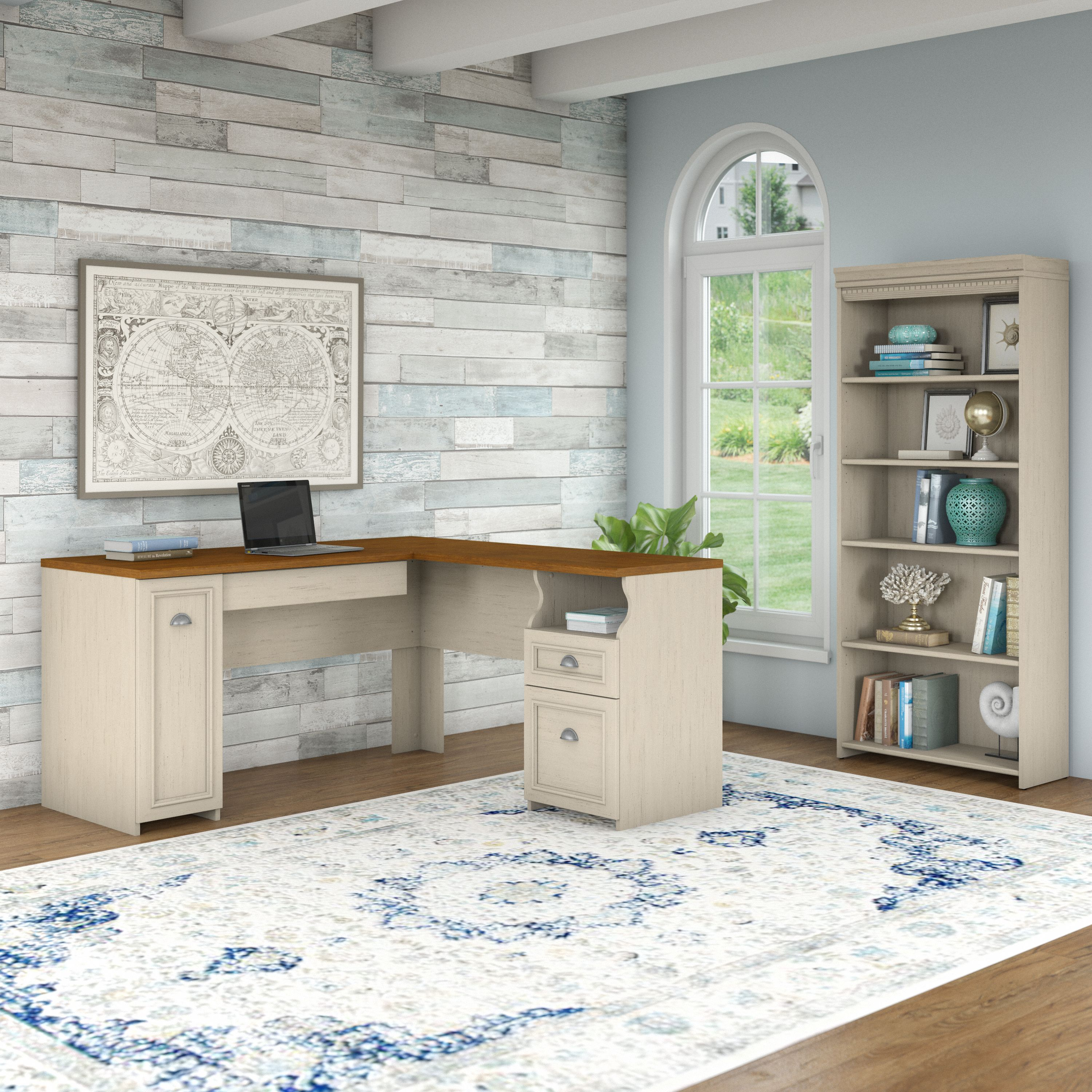 Shop Bush Furniture Fairview 60W L Shaped Desk with 5 Shelf Bookcase 01 FV007AW #color_antique white