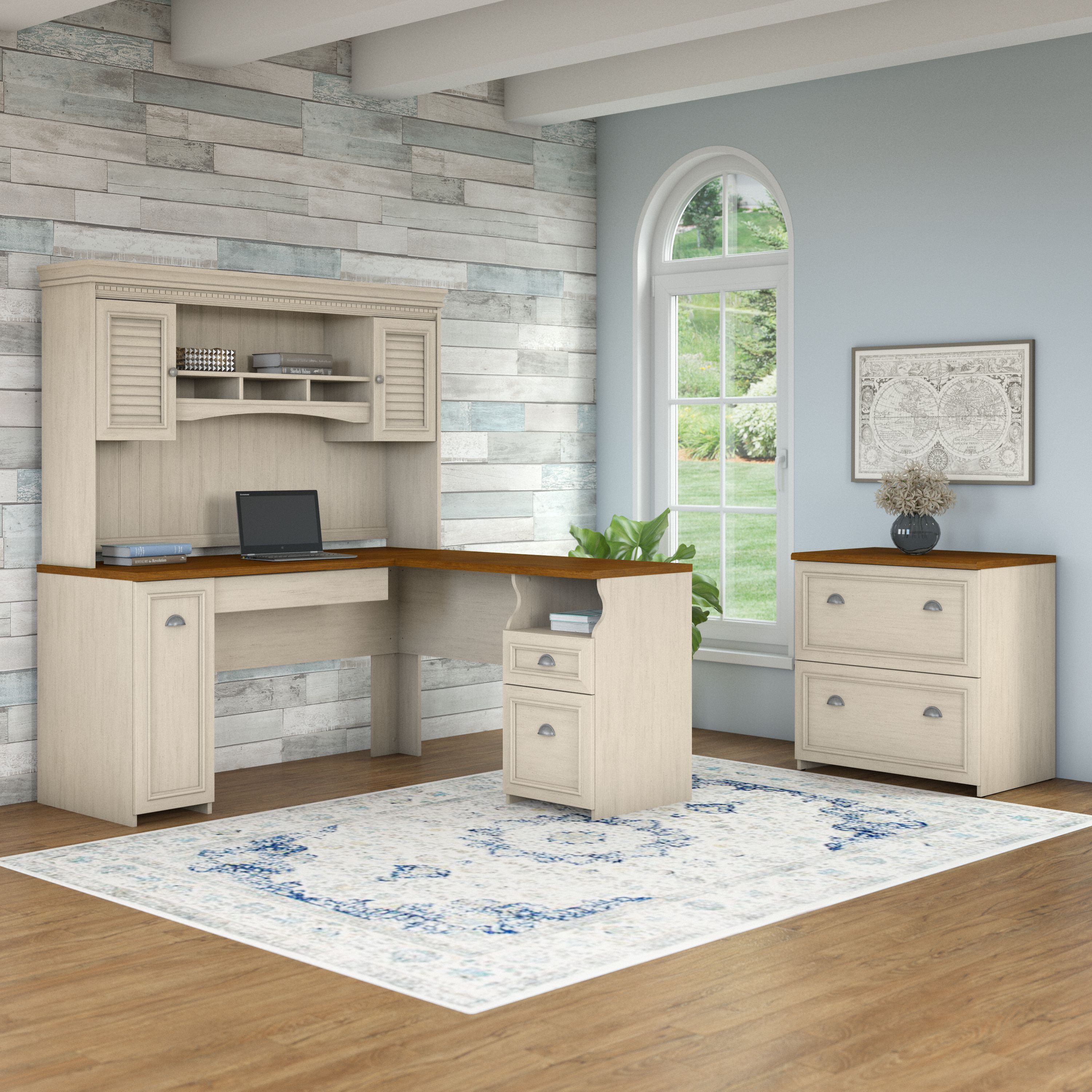 Shop Bush Furniture Fairview 60W L Shaped Desk with Hutch and Lateral File Cabinet 01 FV003AW #color_antique white/tea maple