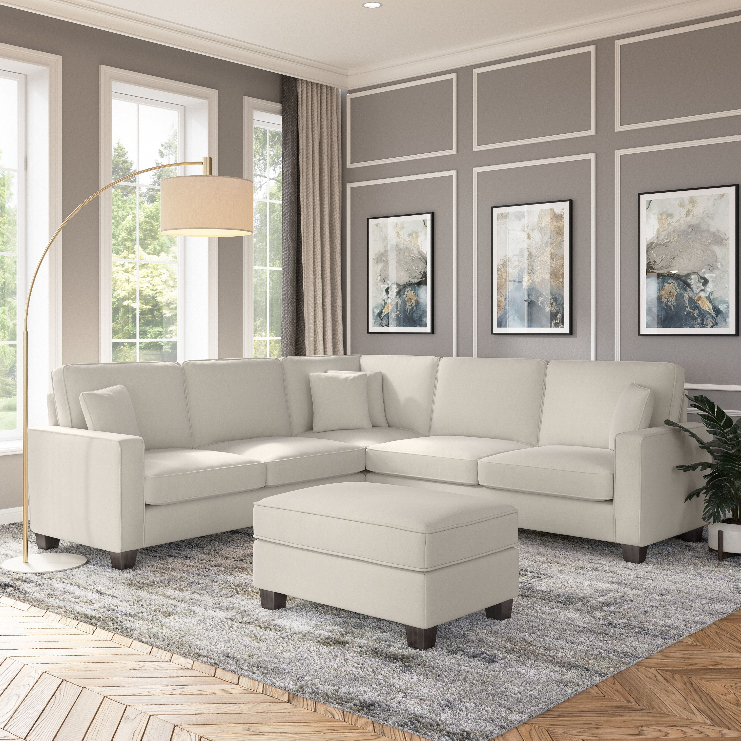 Shop Bush Furniture Stockton 99W L Shaped Sectional Couch with Ottoman 01 SKT003CRH #color_cream herringbone fabric