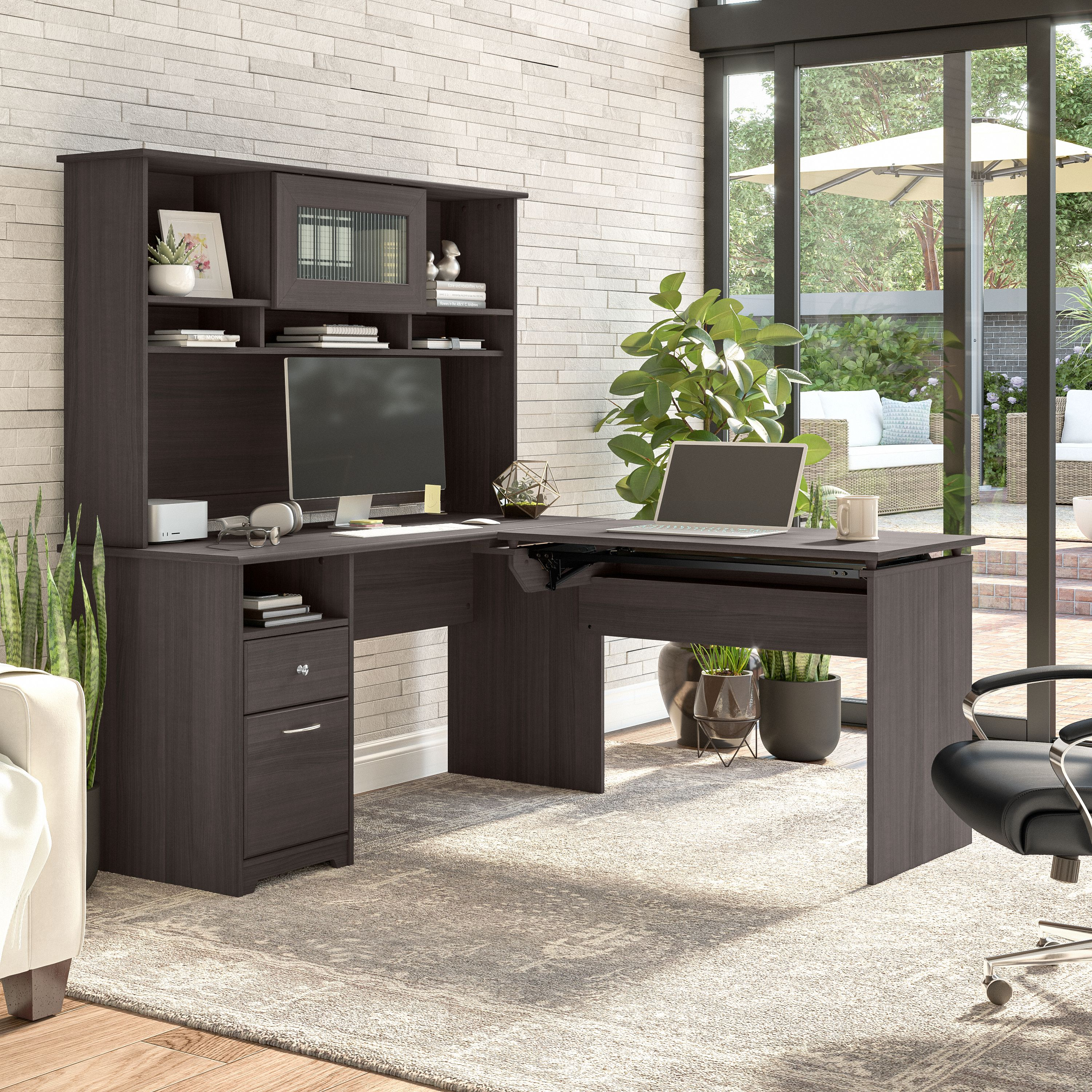 Shop Bush Furniture Cabot 60W 3 Position Sit to Stand L Shaped Desk with Hutch 06 CAB045HRG #color_heather gray