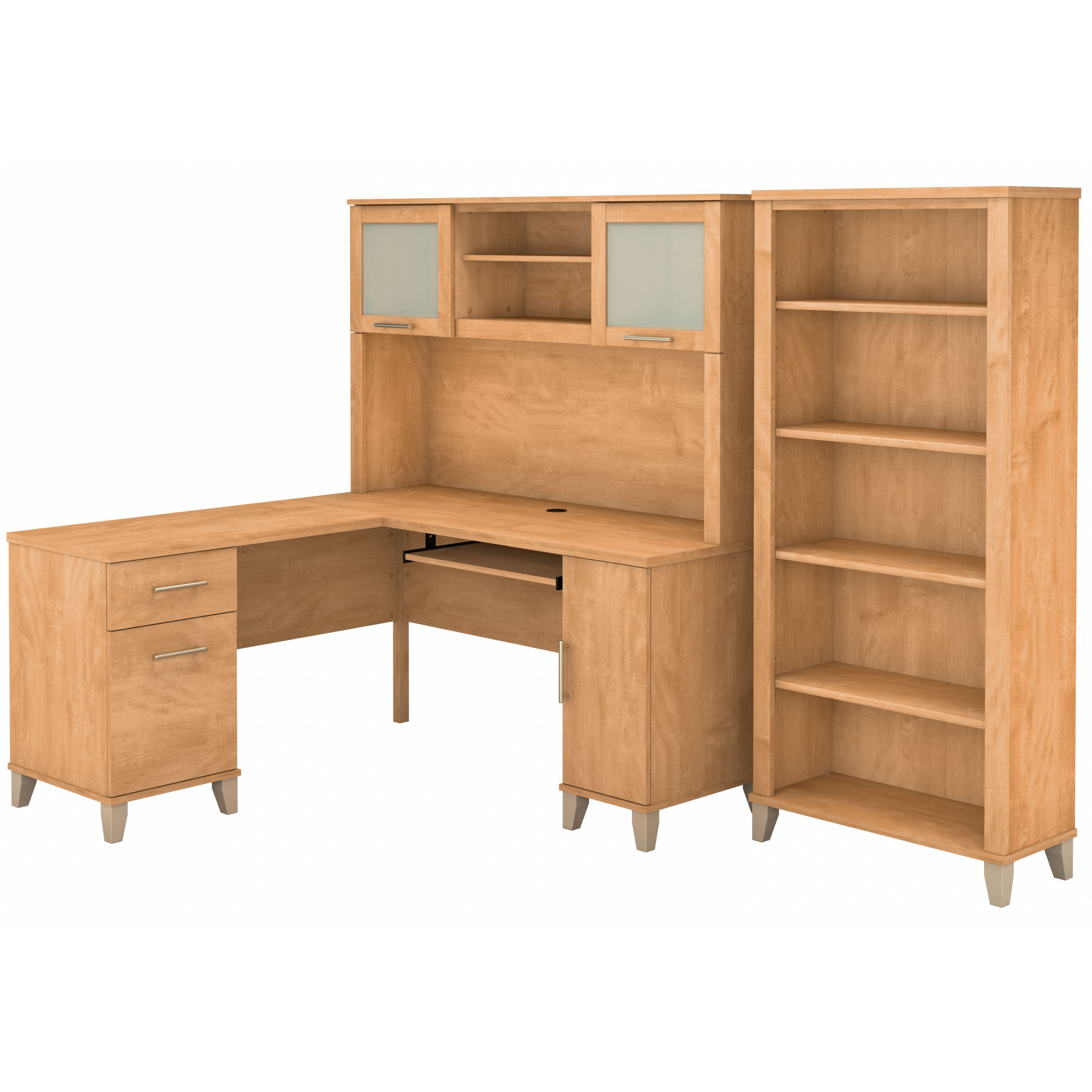 Shop Bush Furniture Somerset 60W L Shaped Desk with Hutch and 5 Shelf Bookcase 02 SET010MC #color_maple cross