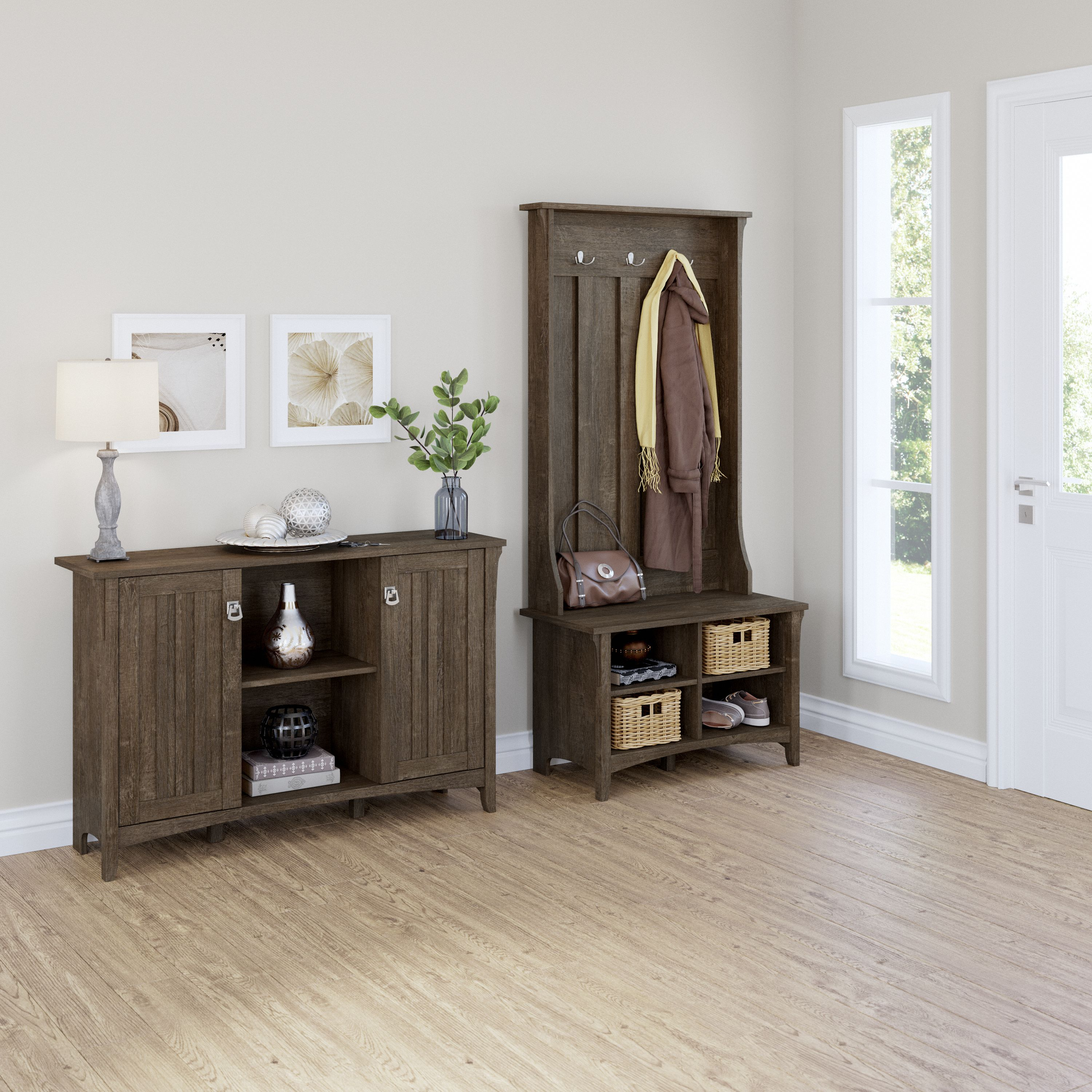 Shop Bush Furniture Salinas Entryway Storage Set with Hall Tree, Shoe Bench and Accent Cabinet 01 SAL008ABR #color_ash brown