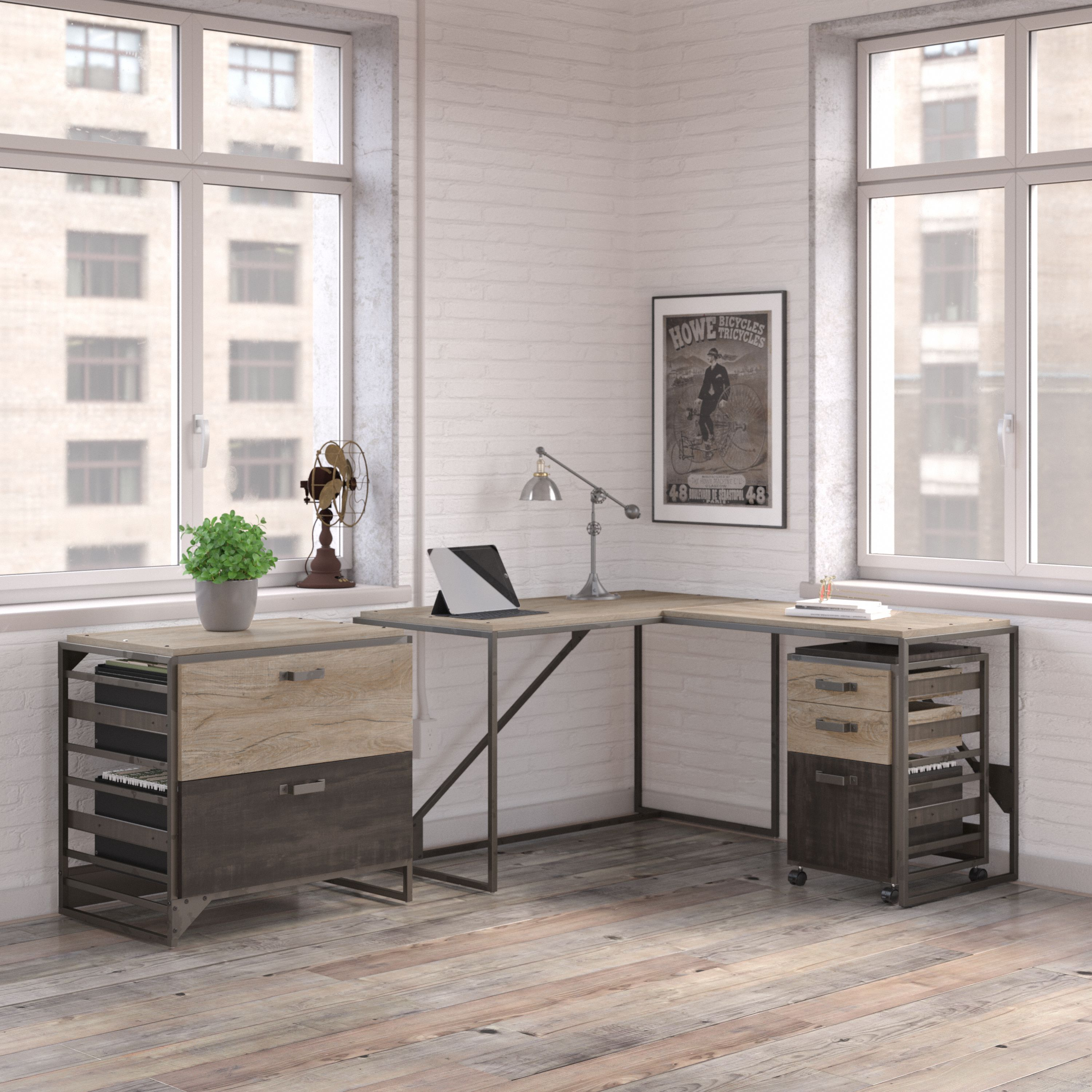 Shop Bush Furniture Refinery 50W L Shaped Industrial Desk with File Cabinets 01 RFY009RG #color_rustic gray/charred wood