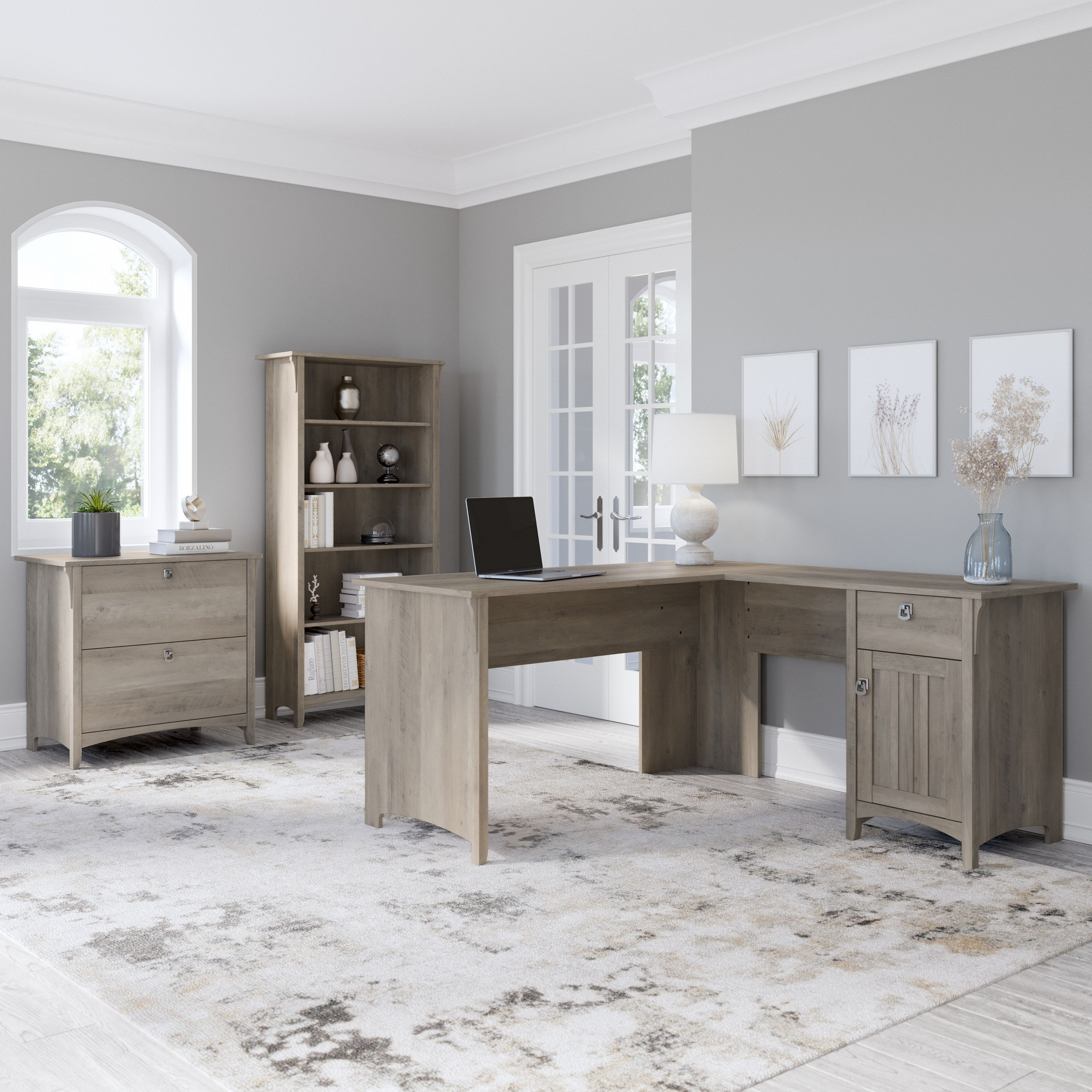Shop Bush Furniture Salinas 60W L Shaped Desk with Lateral File Cabinet and 5 Shelf Bookcase 01 SAL003DG #color_driftwood gray