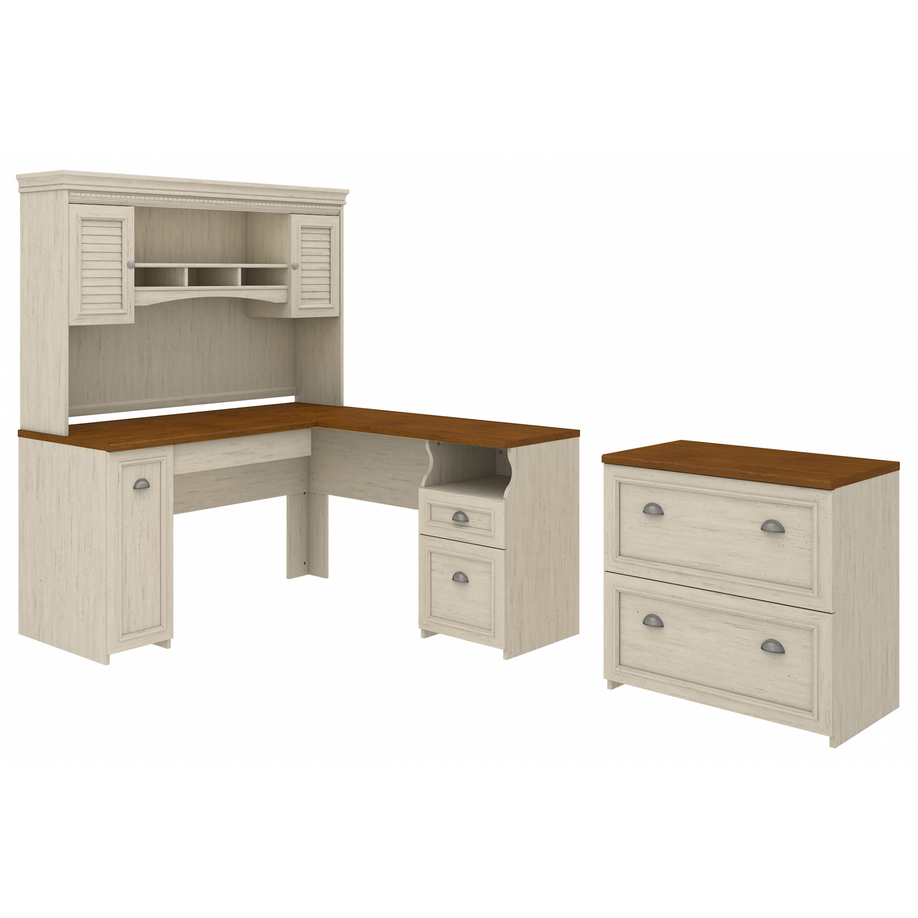 Shop Bush Furniture Fairview 60W L Shaped Desk with Hutch and Lateral File Cabinet 02 FV003AW #color_antique white/tea maple