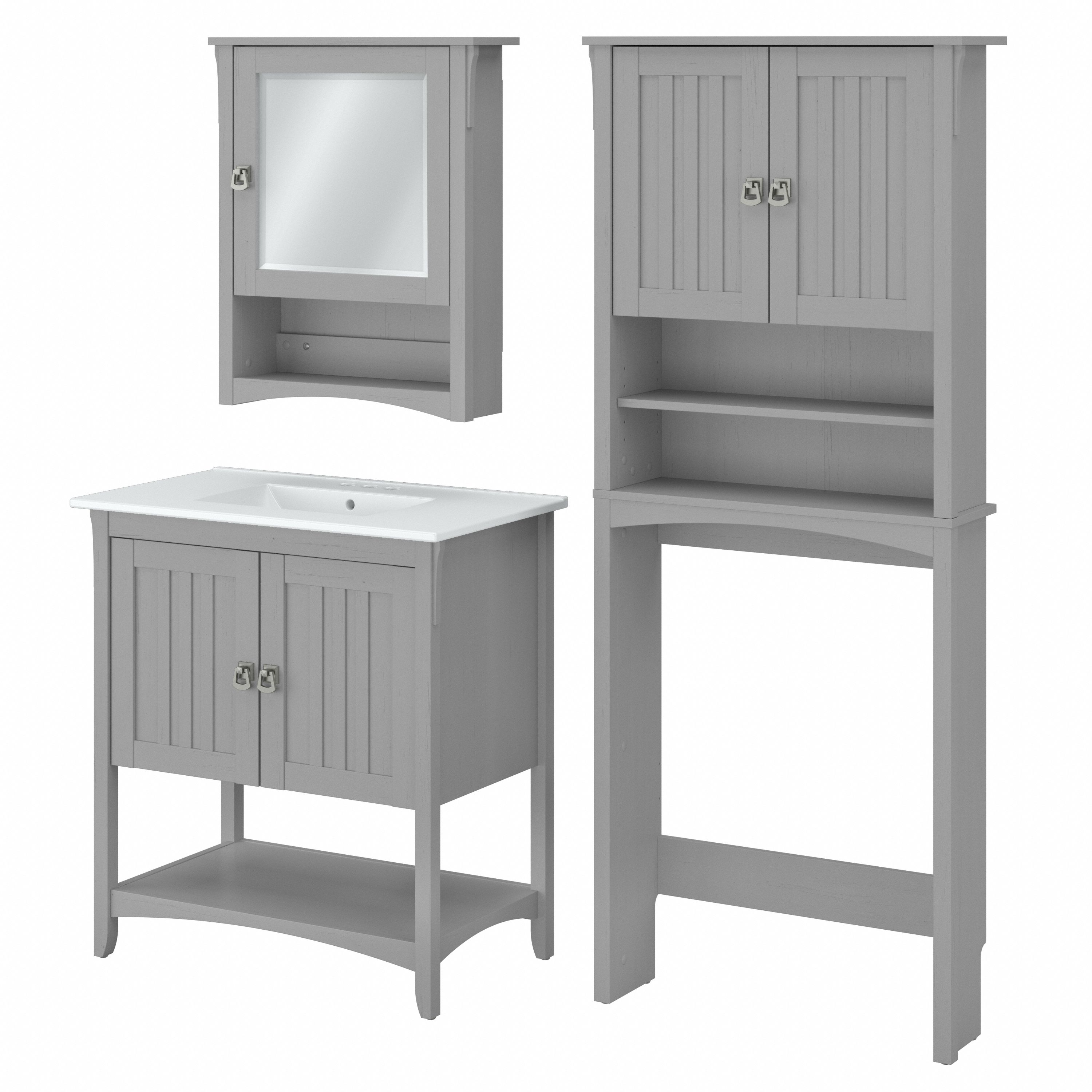 Shop Bush Furniture Salinas 32W Bathroom Vanity Sink with Mirror and Over The Toilet Storage Cabinet 02 SAL023CG #color_cape cod gray