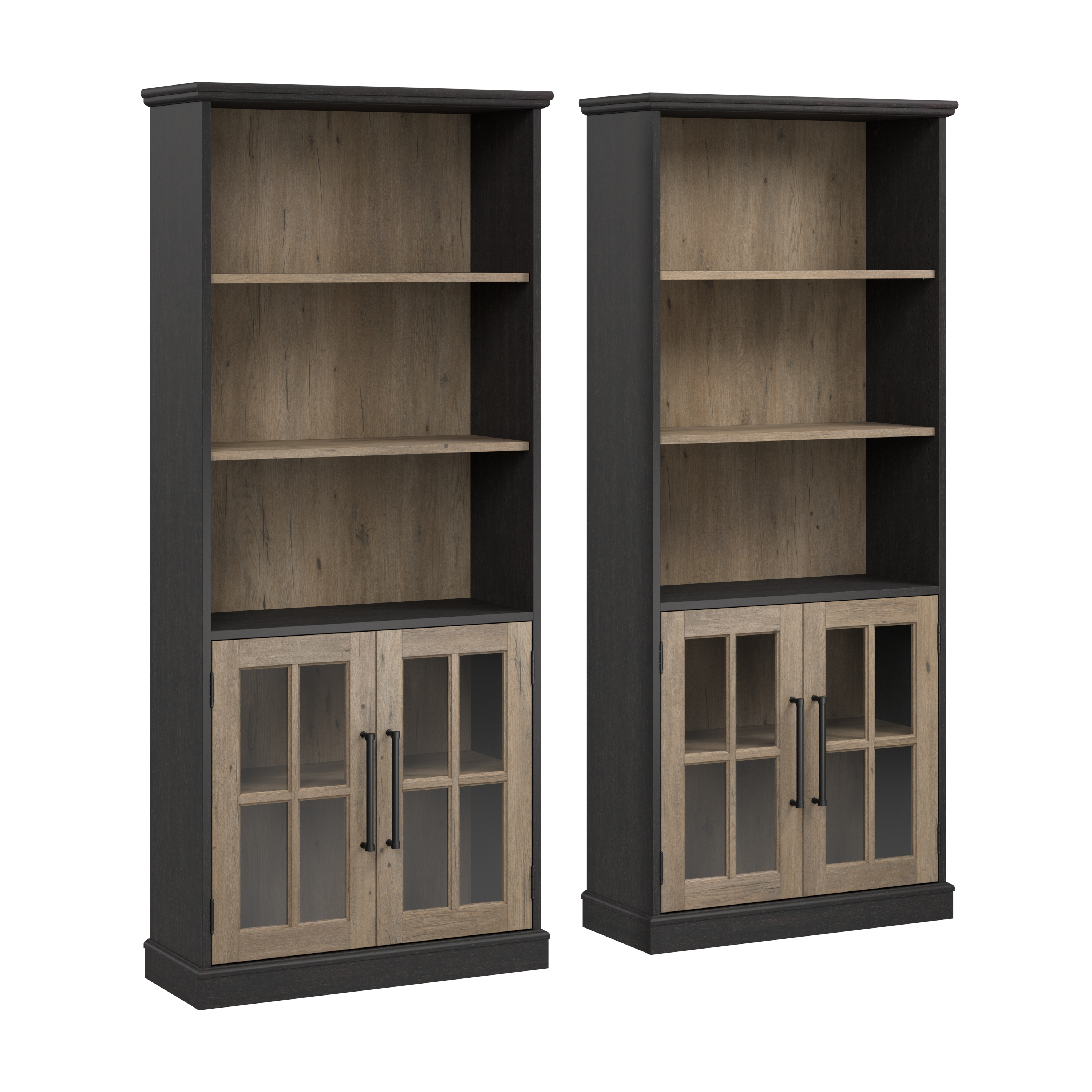 Shop Bush Furniture Westbrook 5 Shelf Bookcase with Glass Doors - Set of 2 02 WBK001V2R #color_vintage black/restored tan hickory