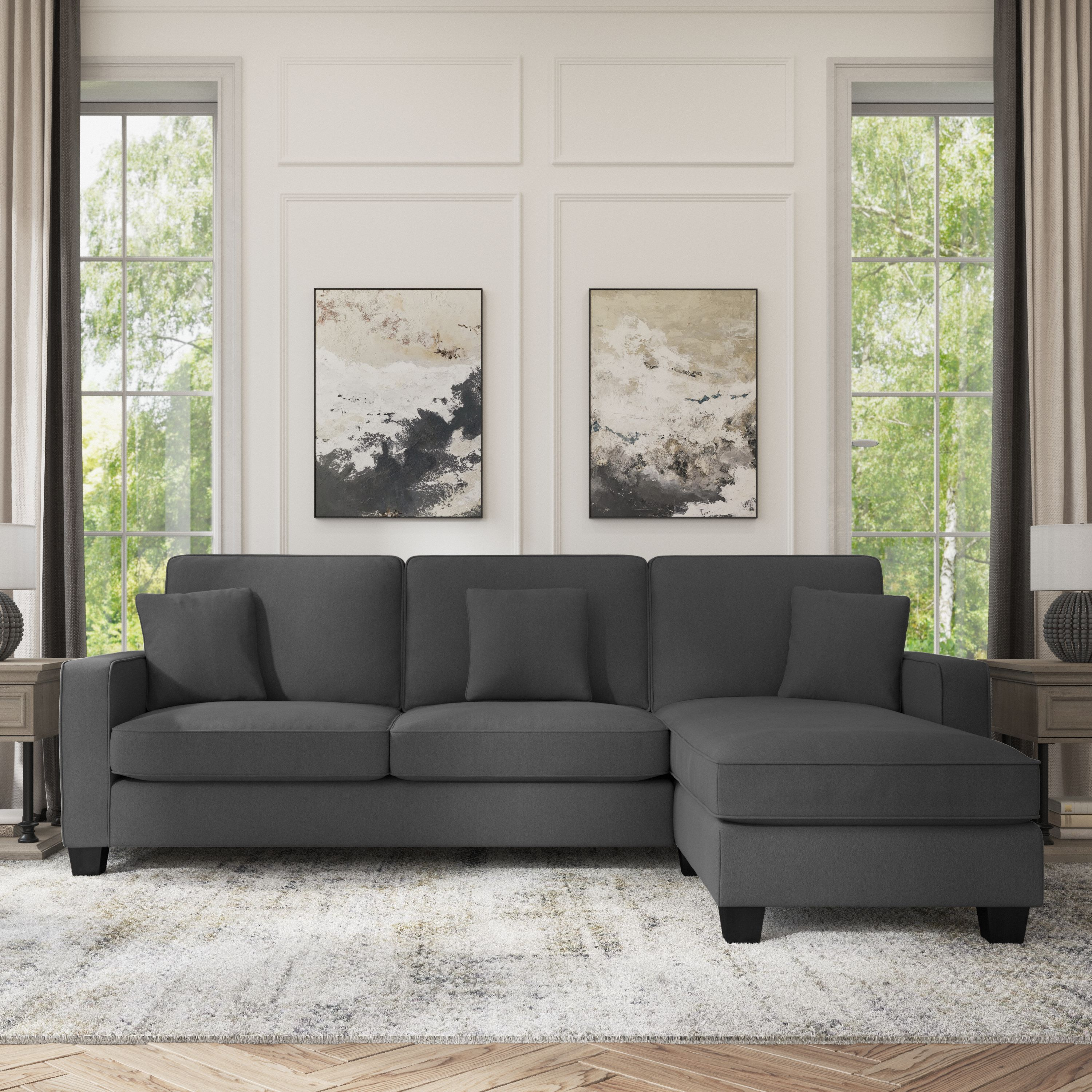 Shop Bush Furniture Stockton 102W Sectional Couch with Reversible Chaise Lounge 01 SNY102SCGH-03K #color_charcoal gray herringbone fabr