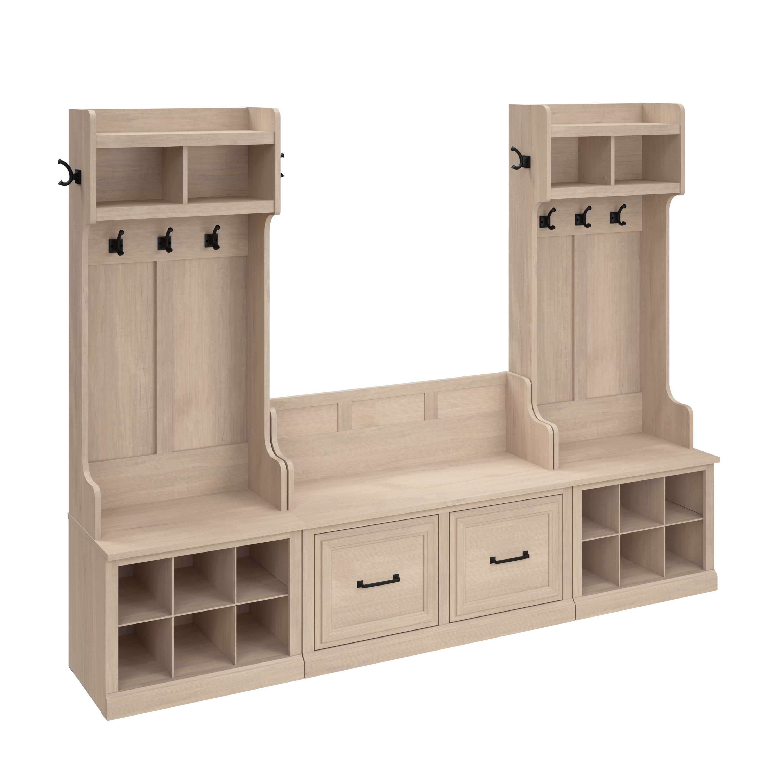 Shop Bush Furniture Woodland Entryway Storage Set with Hall Trees and Shoe Bench with Doors 02 WDL011WM #color_white washed maple
