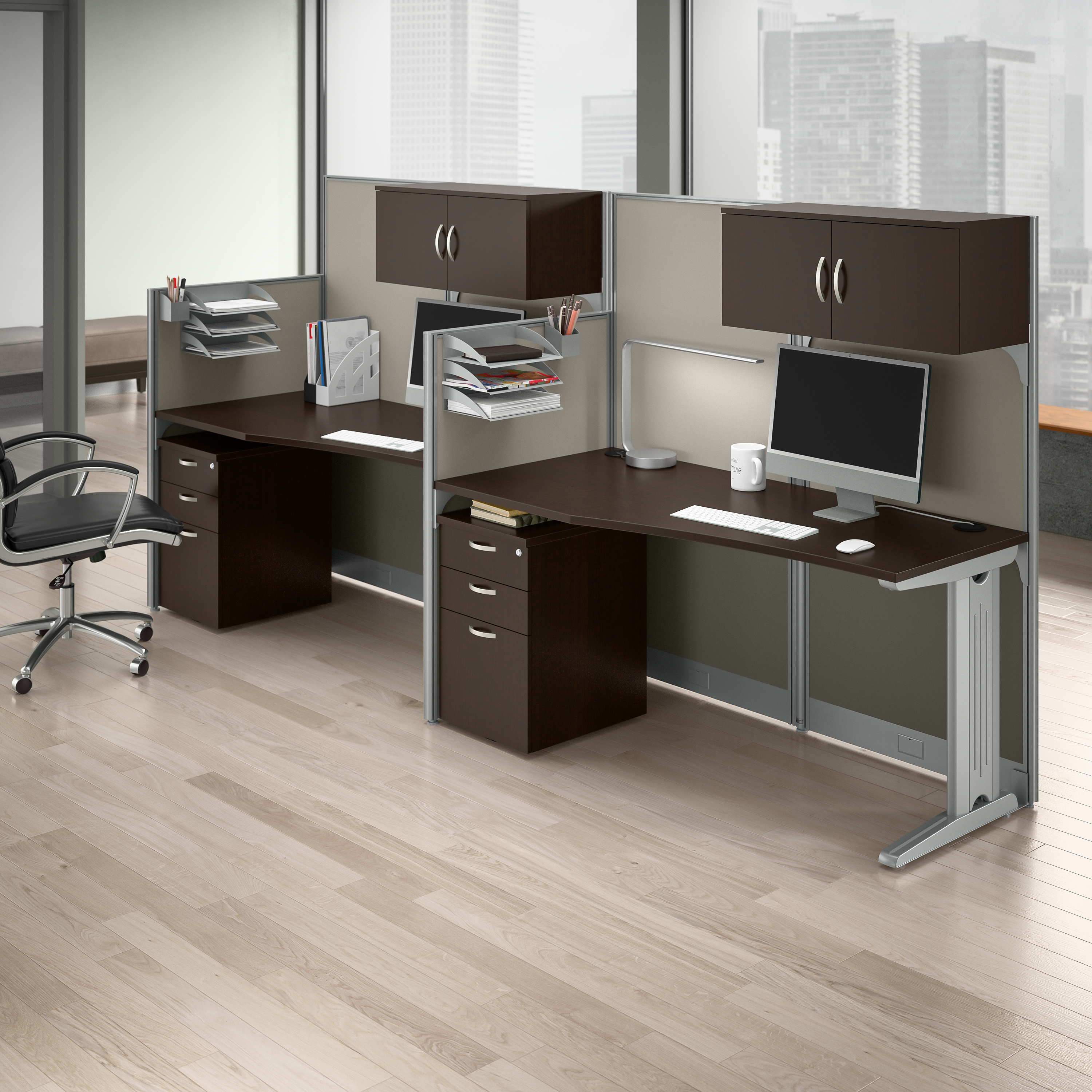 Shop Bush Business Furniture Office in an Hour 2 Person Straight Cubicle Desks with Storage, Drawers, and Organizers 01 OIAH005MR #color_mocha cherry