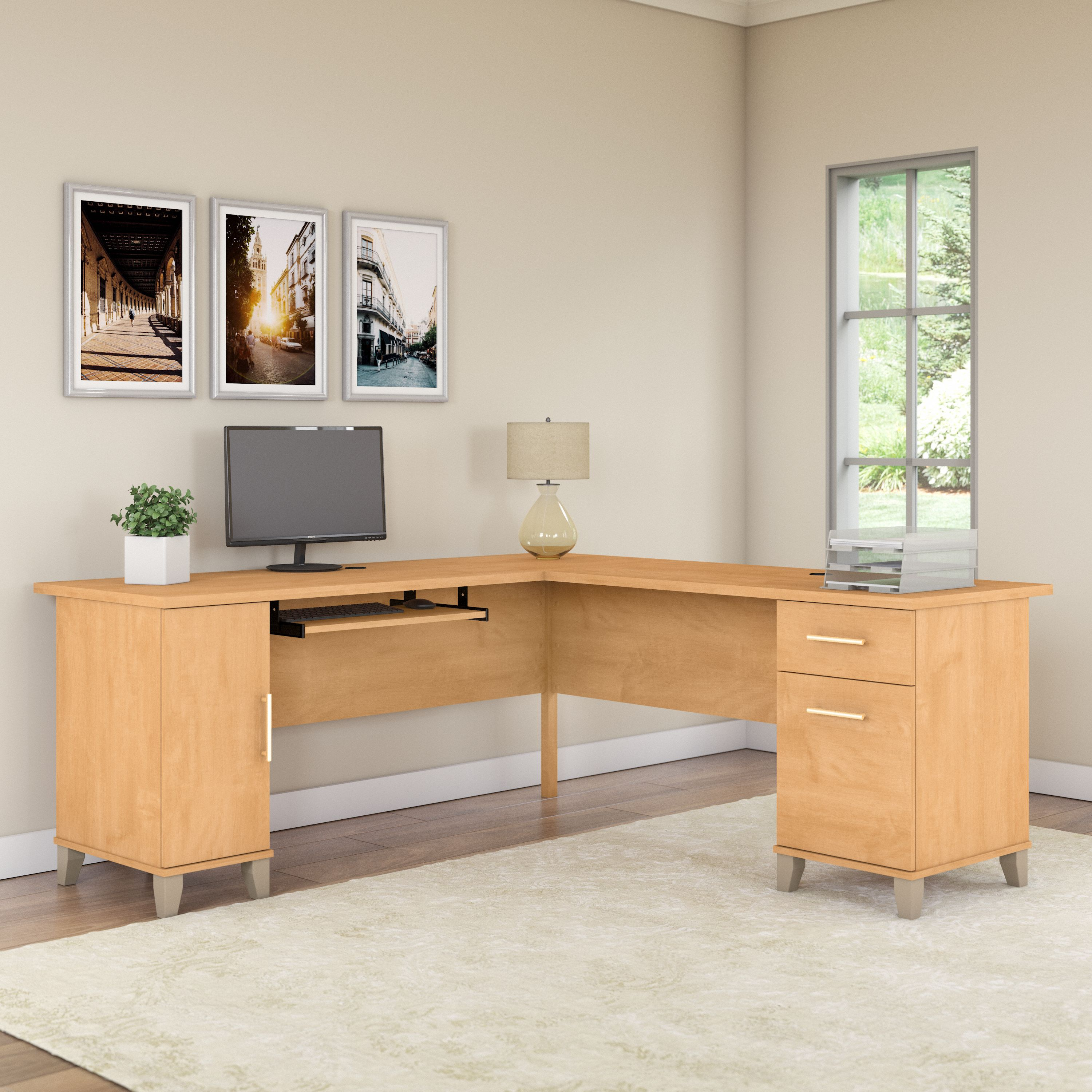 Shop Bush Furniture Somerset 72W L Shaped Desk with Storage 01 WC81410K #color_maple cross