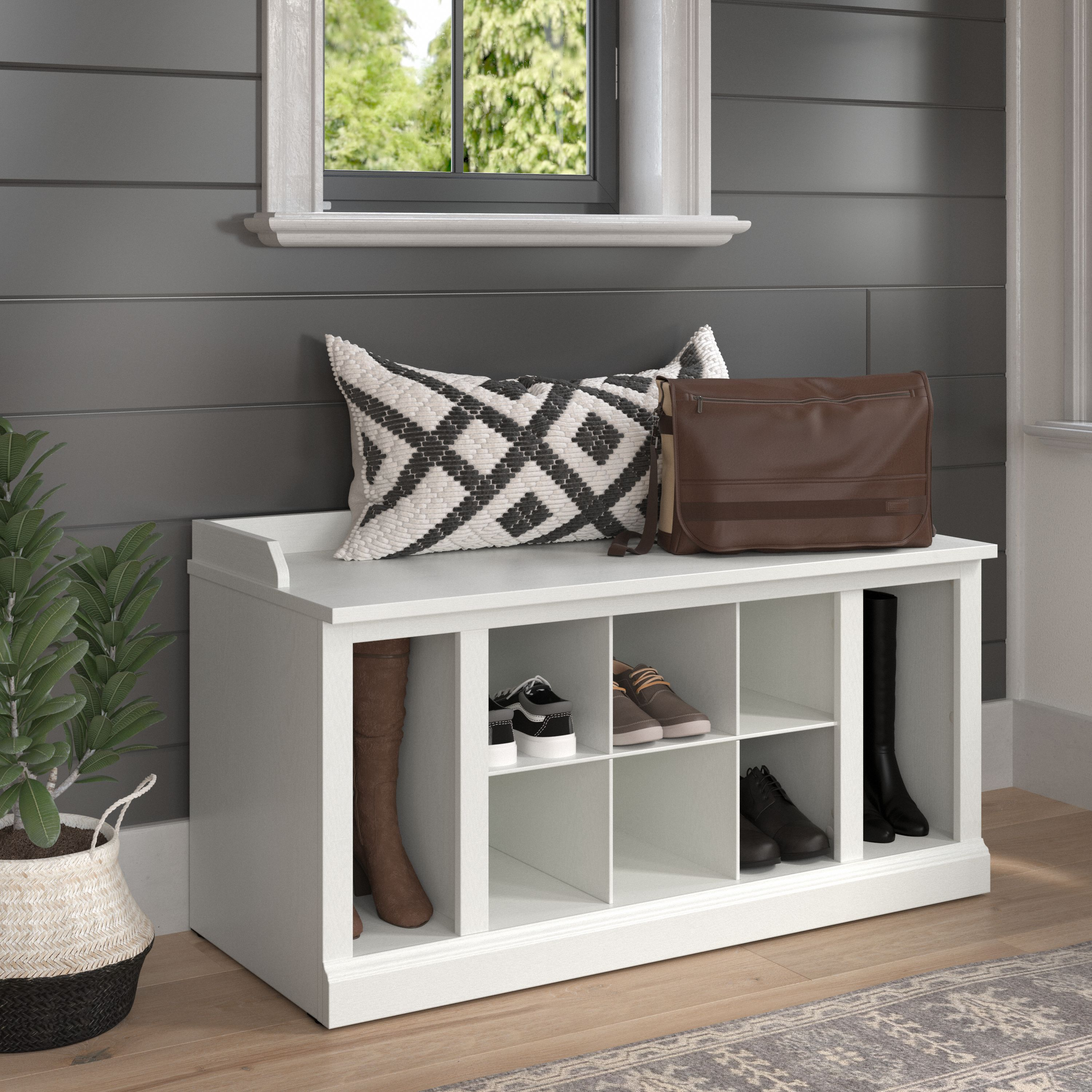 Shop Bush Furniture Woodland 40W Shoe Storage Bench with Shelves 01 WDS240WAS-03 #color_white ash