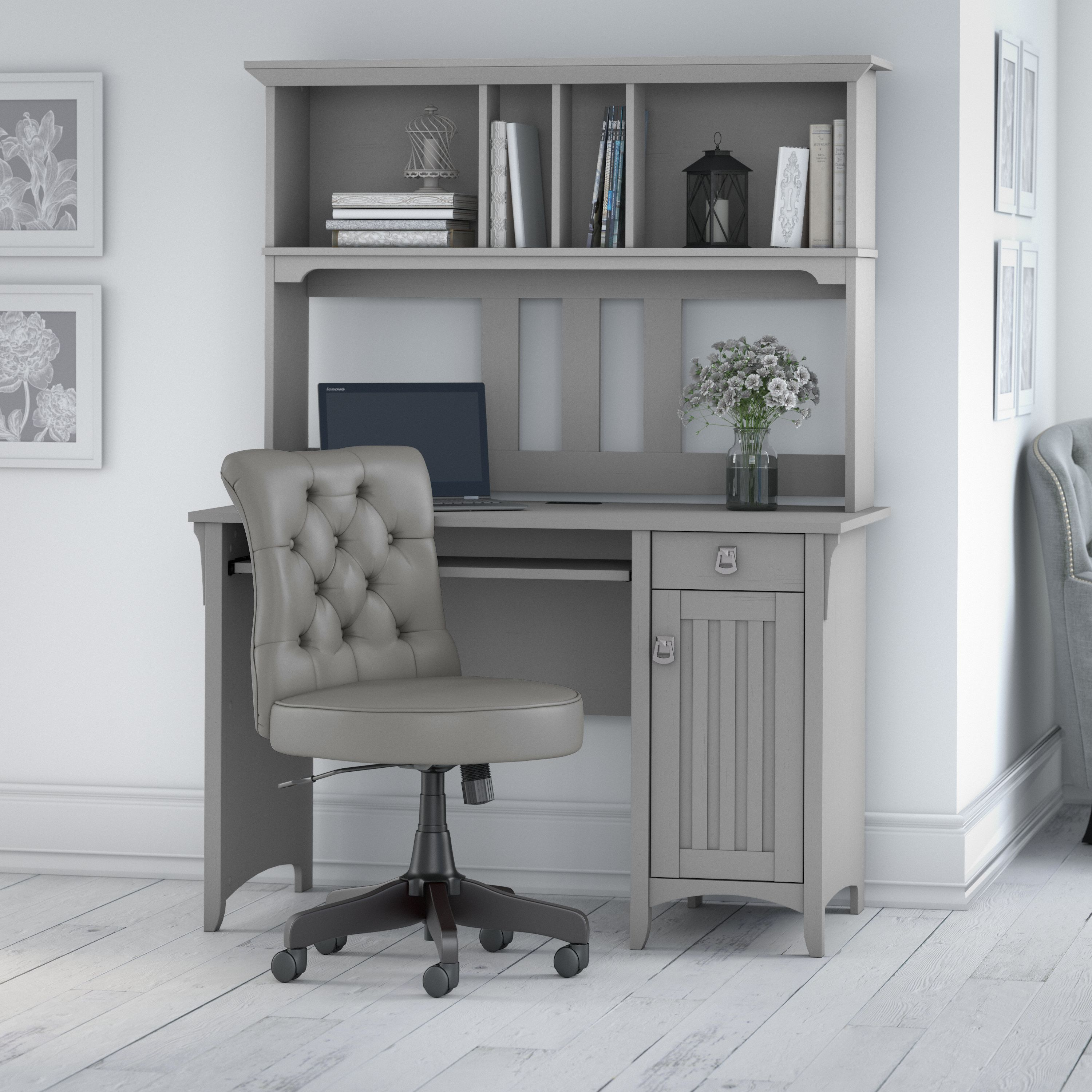Shop Bush Furniture Salinas 48W Computer Desk with Hutch and Mid Back Tufted Office Chair 01 SAL012CG #color_cape cod gray
