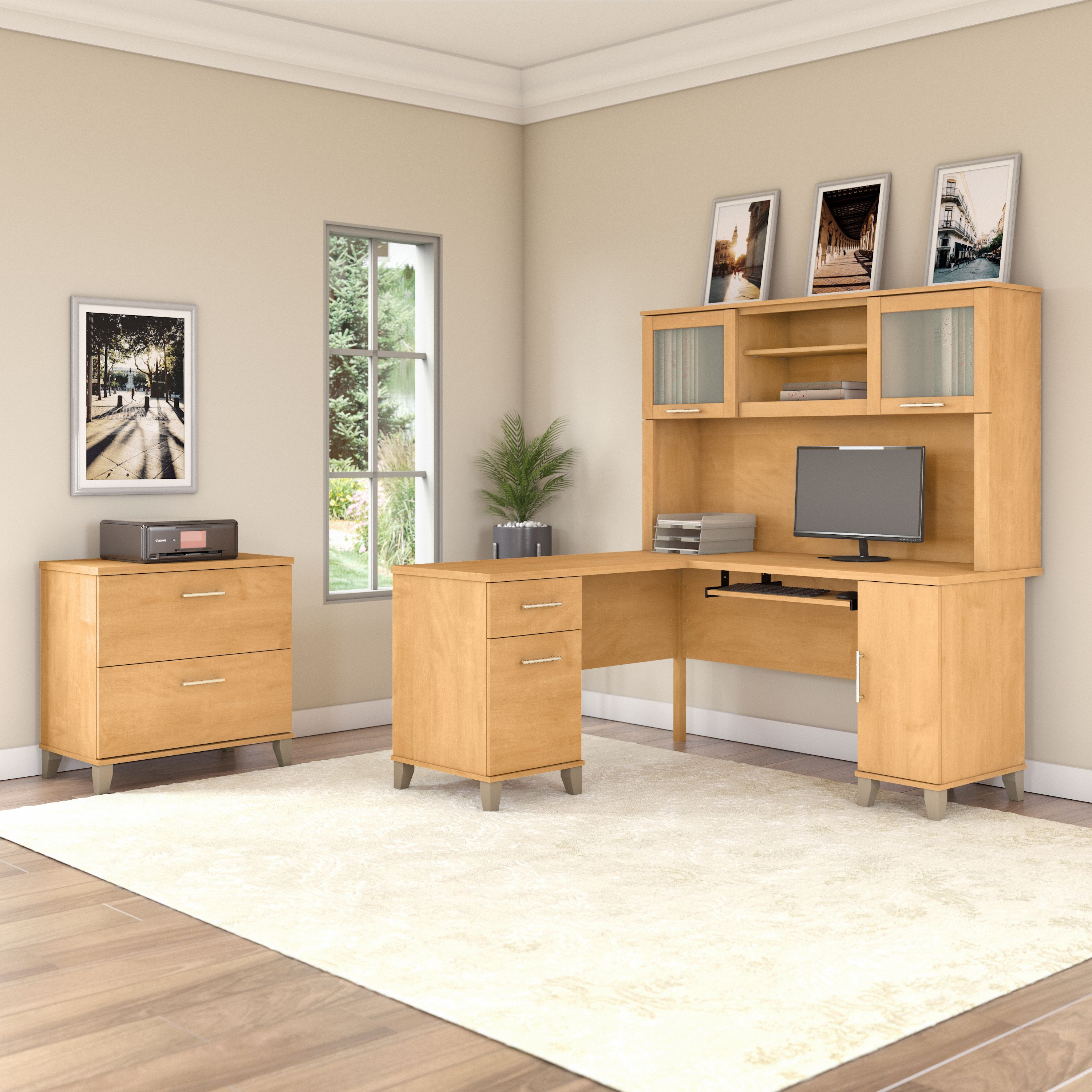 Shop Bush Furniture Somerset 60W L Shaped Desk with Hutch and Lateral File Cabinet 01 SET008MC #color_maple cross