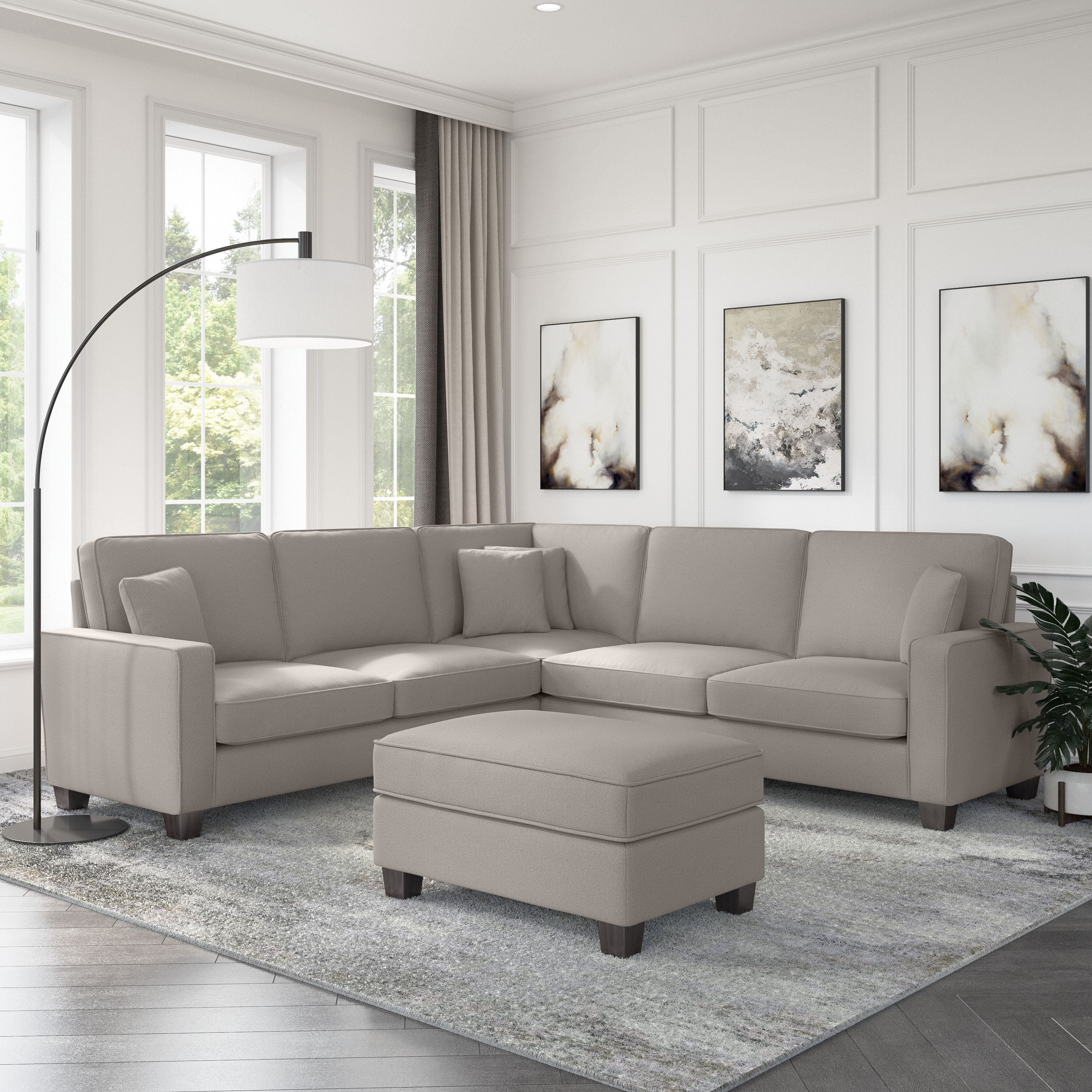 Shop Bush Furniture Stockton 99W L Shaped Sectional Couch with Ottoman 01 SKT003BGH #color_beige herringbone fabric