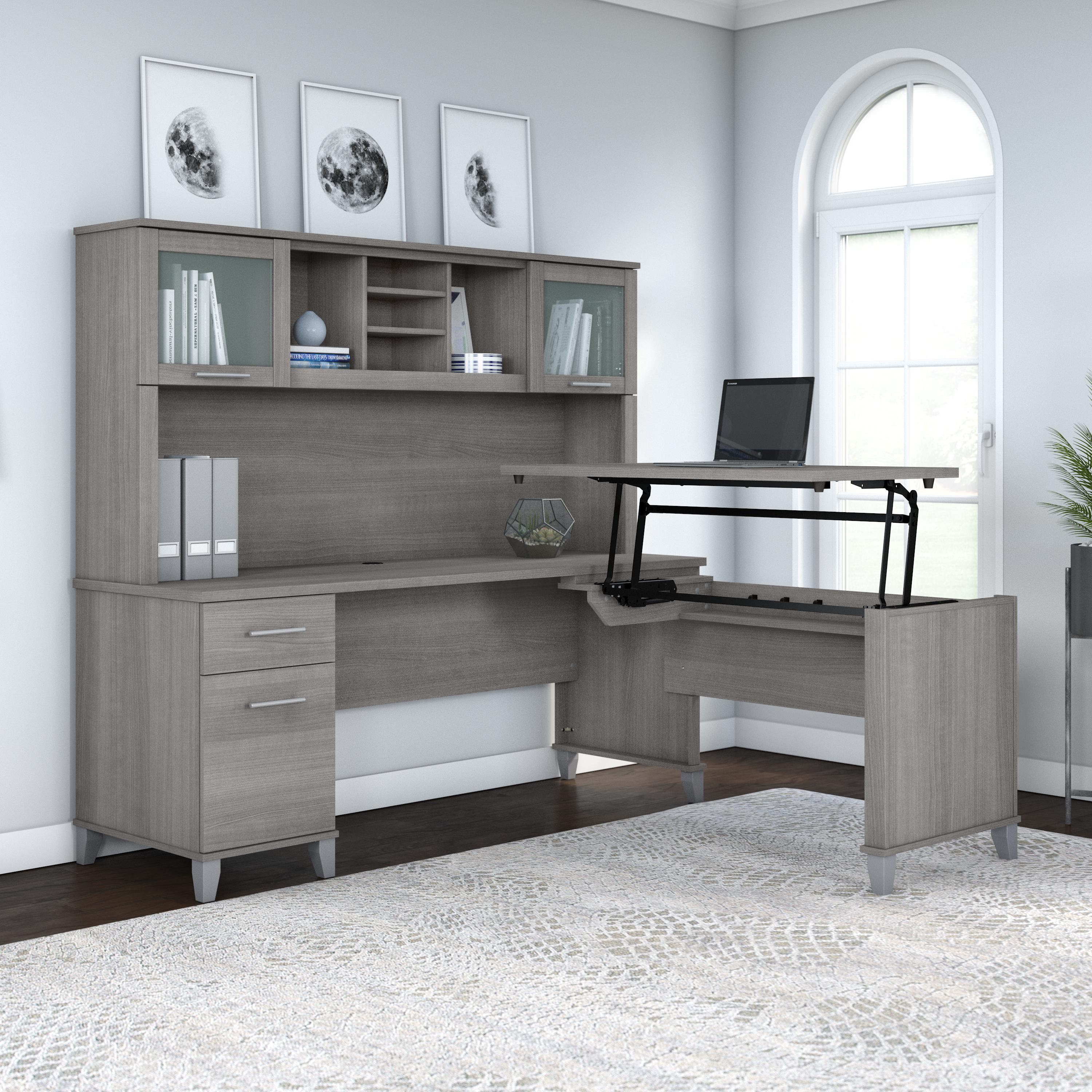 Shop Bush Furniture Somerset 72W 3 Position Sit to Stand L Shaped Desk with Hutch 01 SET015PG #color_platinum gray