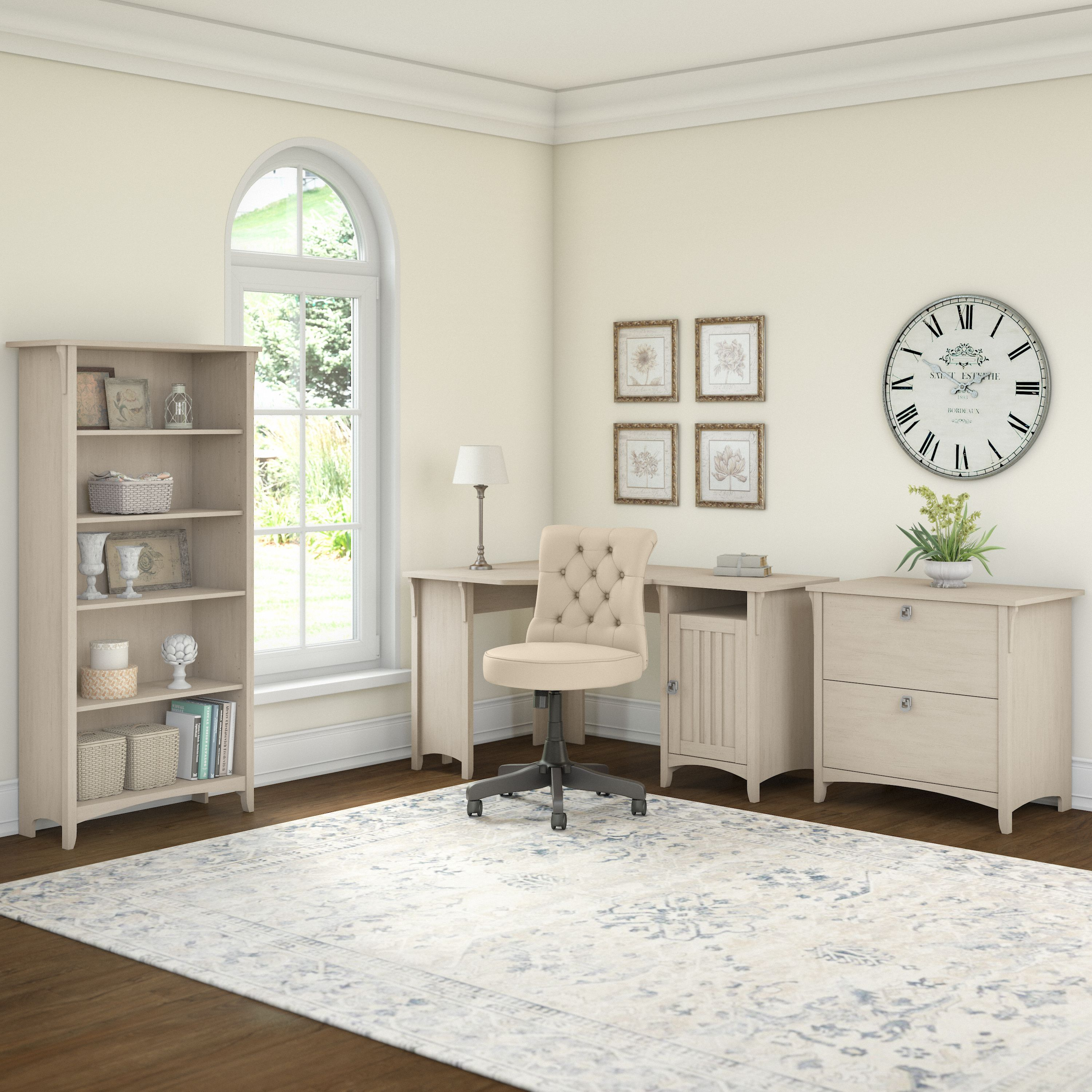 Shop Bush Furniture Salinas 55W Corner Desk with Lateral File Cabinet and 5 Shelf Bookcase 01 SAL013AW #color_antique white