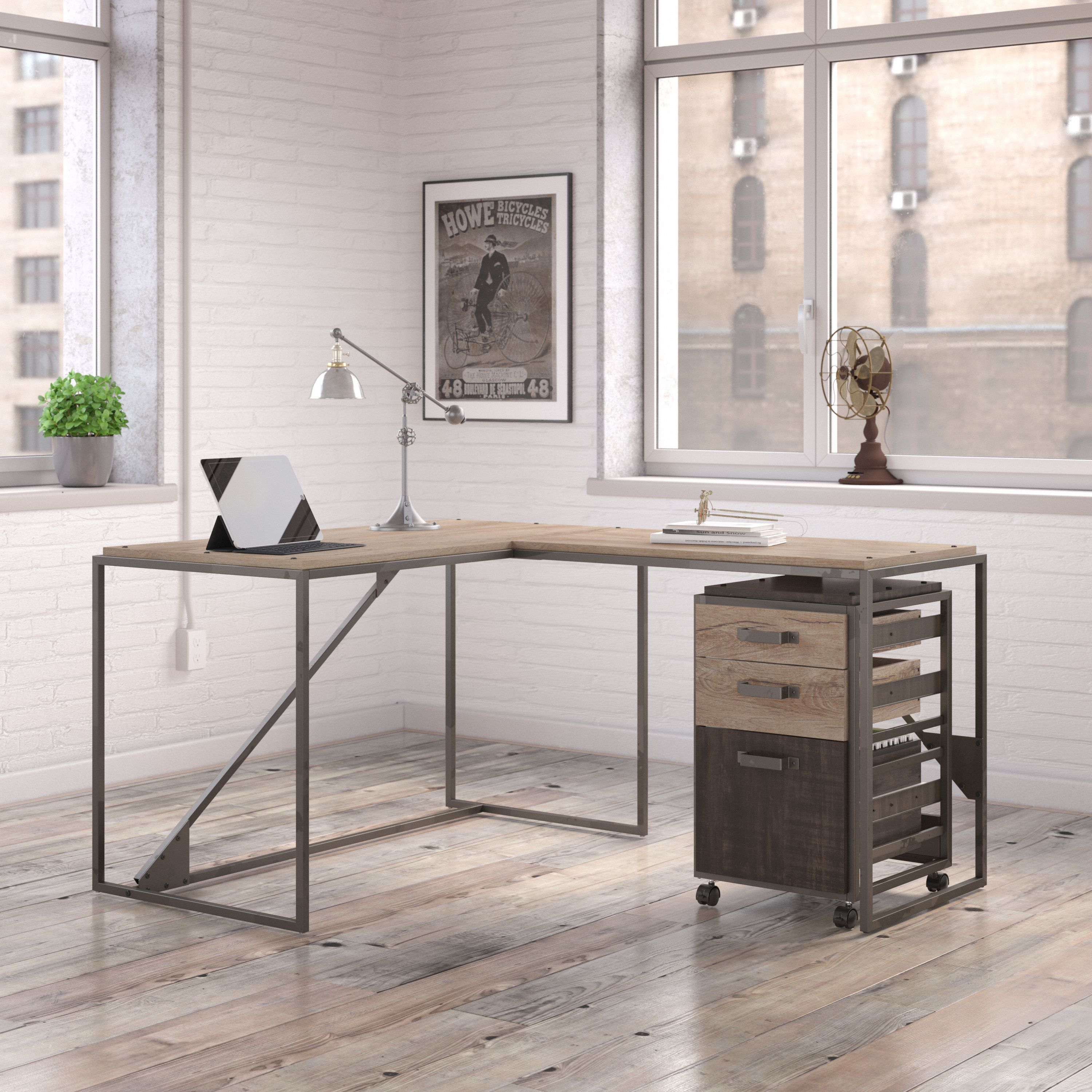 Shop Bush Furniture Refinery 50W L Shaped Industrial Desk with 3 Drawer Mobile File Cabinet 01 RFY004RG #color_rustic gray/charred wood