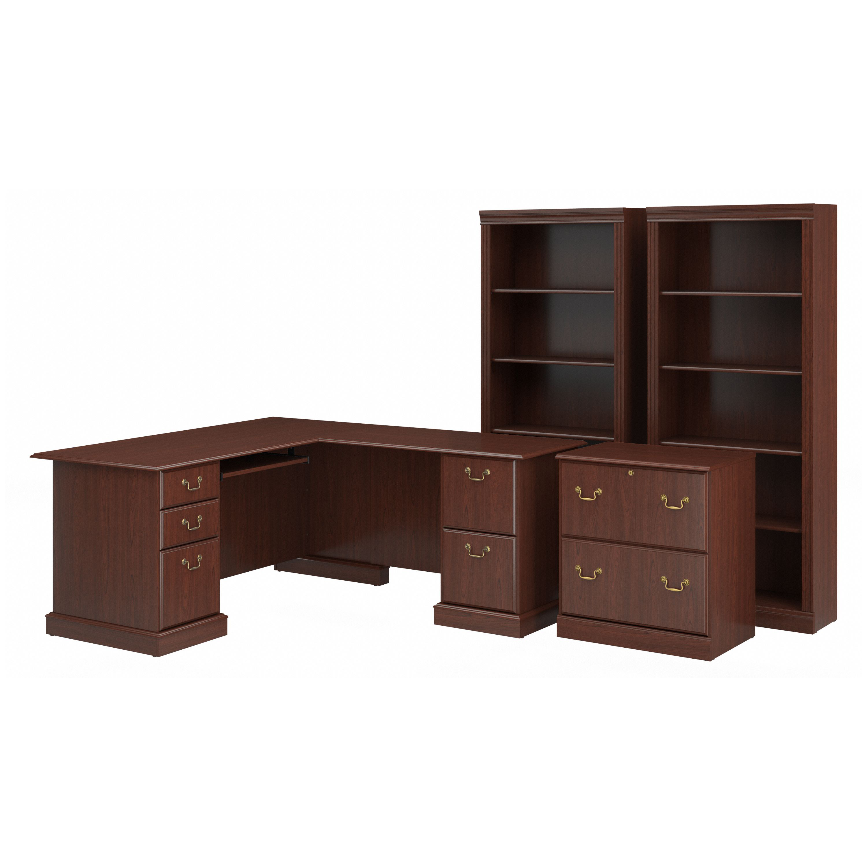 Shop Bush Furniture Saratoga L Shaped Computer Desk with File Cabinet and Bookcase Set 02 SAR002CS #color_harvest cherry