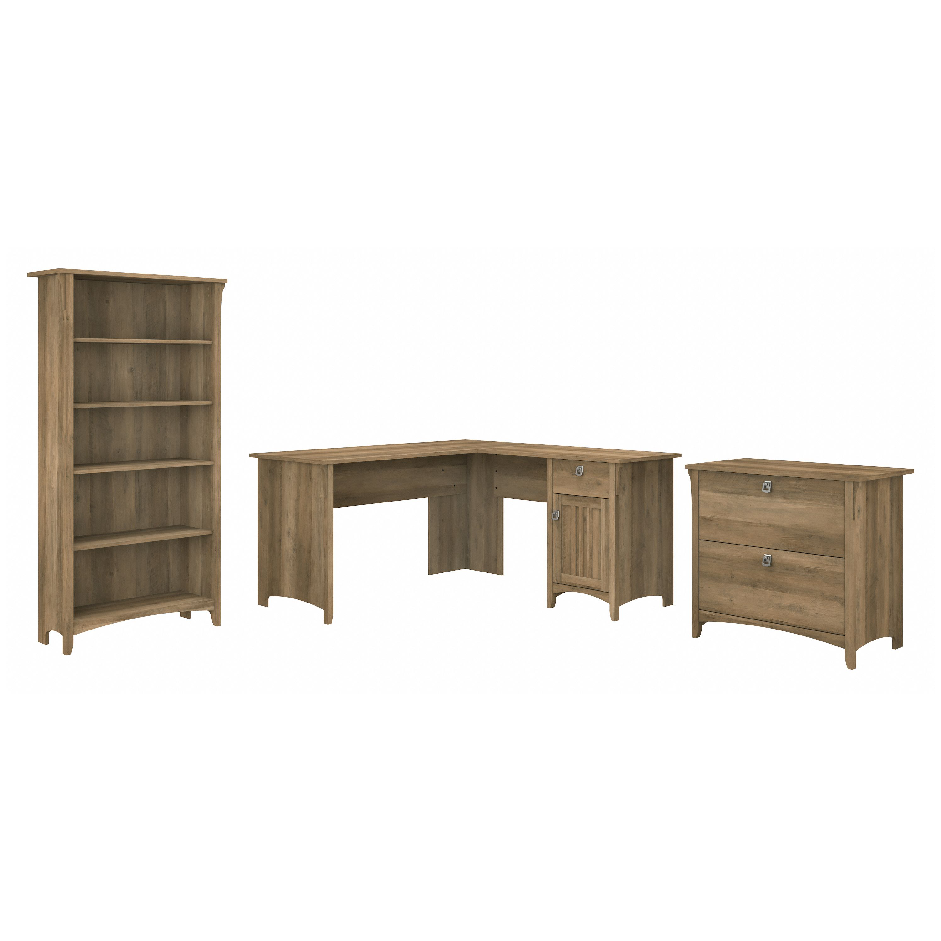 Shop Bush Furniture Salinas 60W L Shaped Desk with Lateral File Cabinet and 5 Shelf Bookcase 02 SAL003RCP #color_reclaimed pine