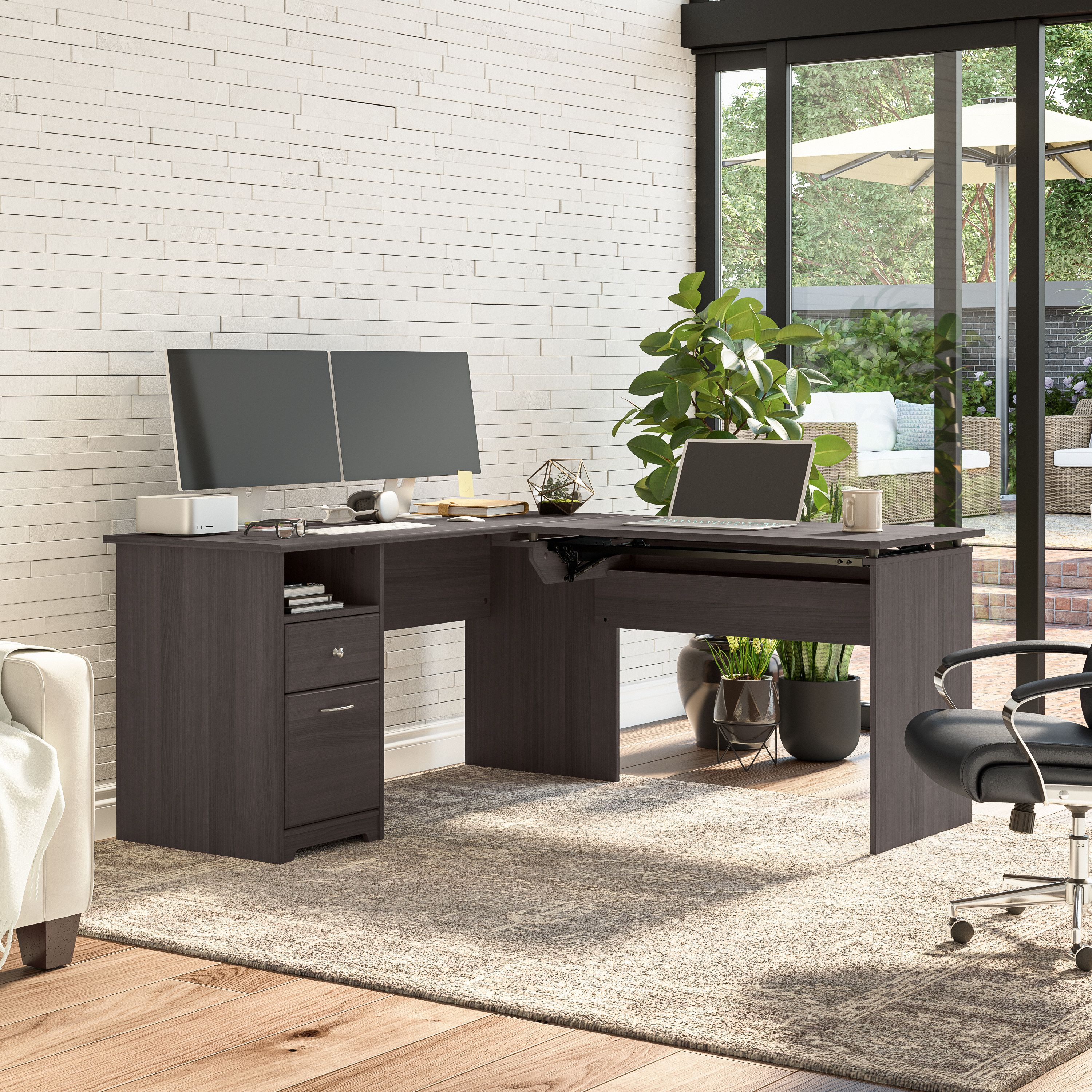 Shop Bush Furniture Cabot 60W 3 Position Sit to Stand L Shaped Desk 06 CAB043HRG #color_heather gray