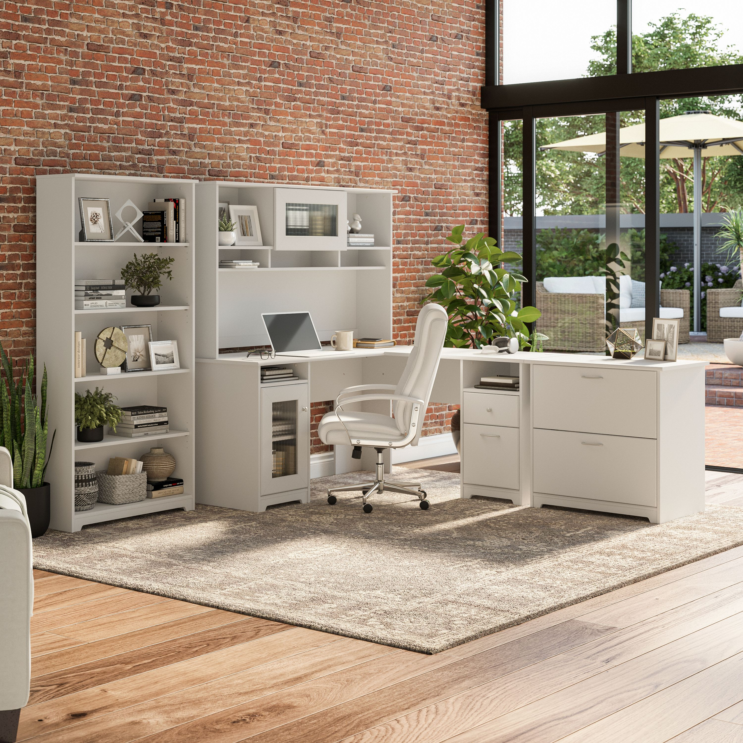 Shop Bush Furniture Cabot 60W L Shaped Computer Desk with Hutch, File Cabinet and Bookcase 01 CAB010WHN #color_white